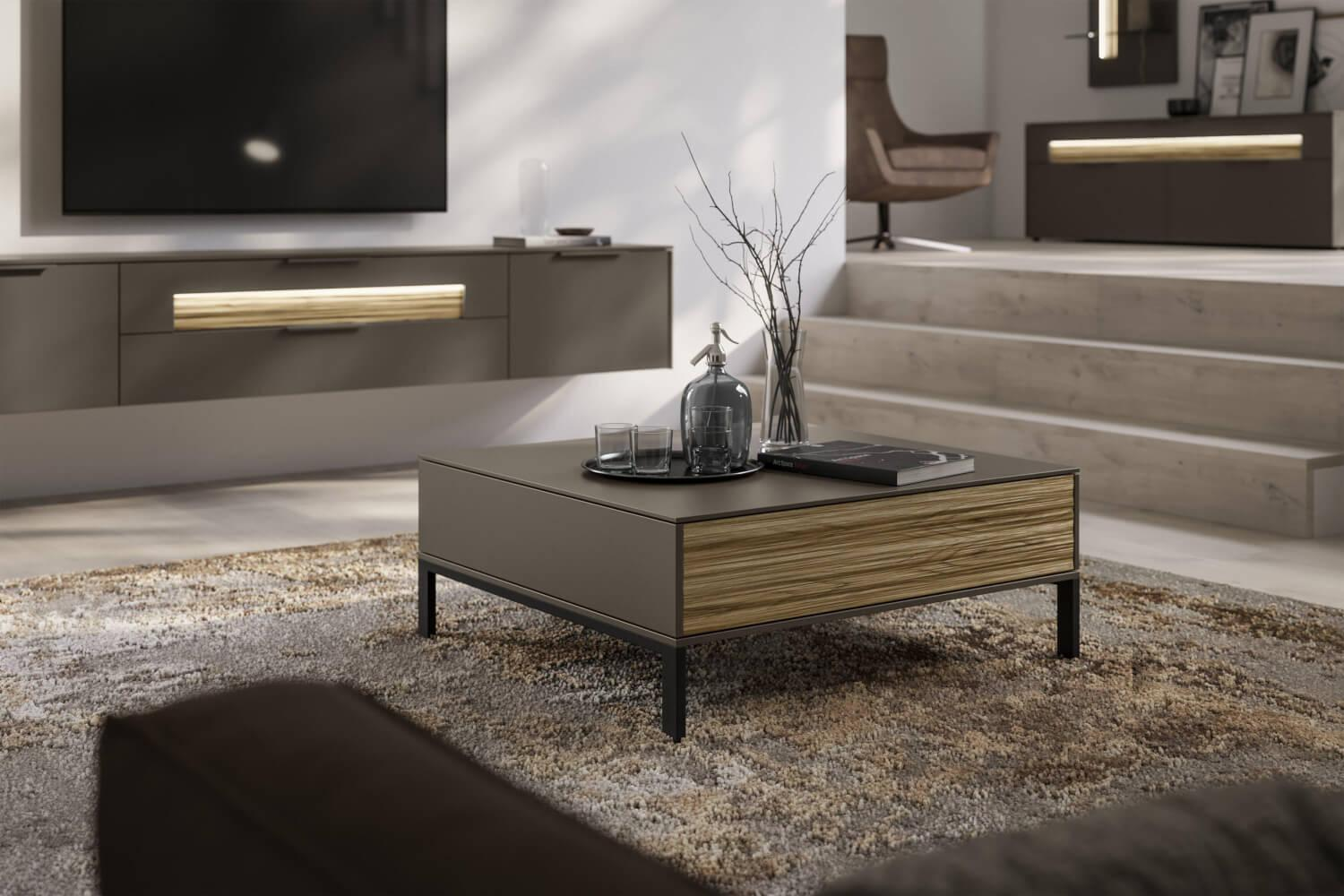 Loddenkemper - Couchtisch Linee Living LS24 Galano Lack Terrabraun Grau Braun Absetzung Eiche Wellenoptik Füße Metall Schwarz - 2