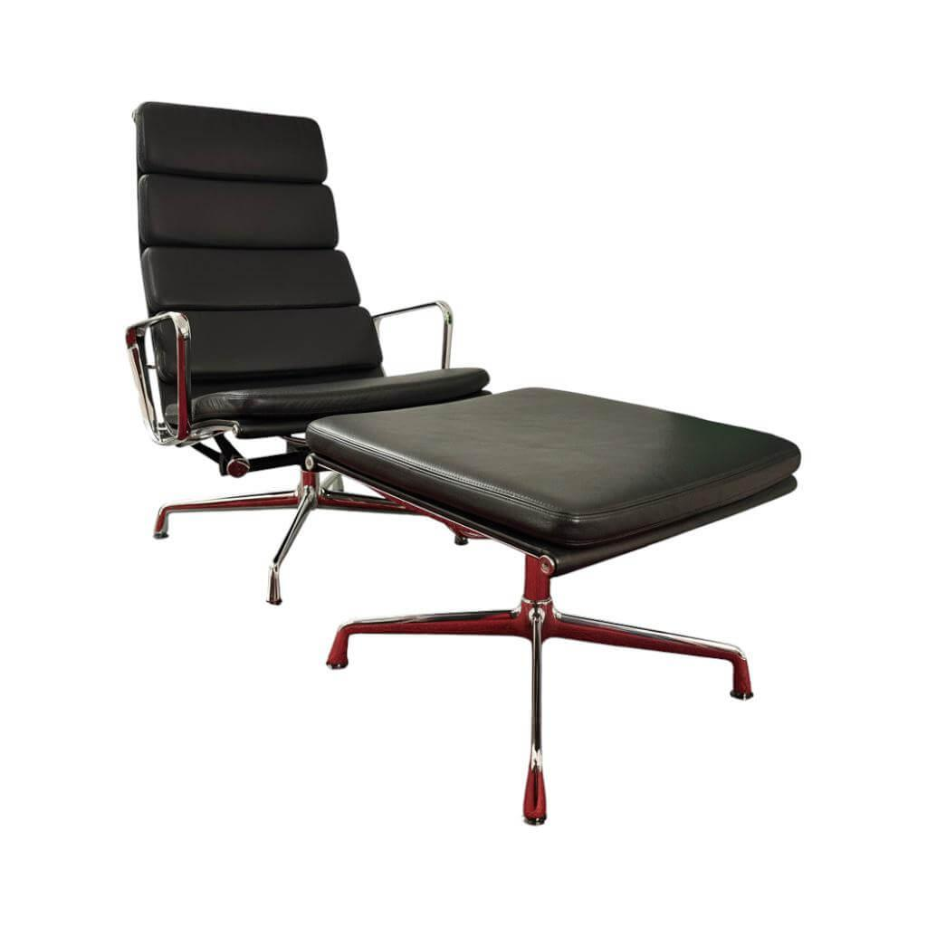 Vitra - Sessel Soft Pad EA 222 Leder L40 66 Schwarz Gestell Sternfuß Metall Verchromt Inklusive Hocker - 1