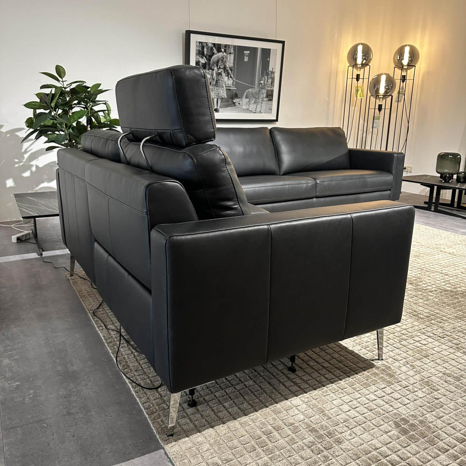 Contur - Sofa Enna Leder L40 Rancho Nero WR51 Schwarz Metallkufe Metallfuß Chrom Mit Kopfstütze - 5