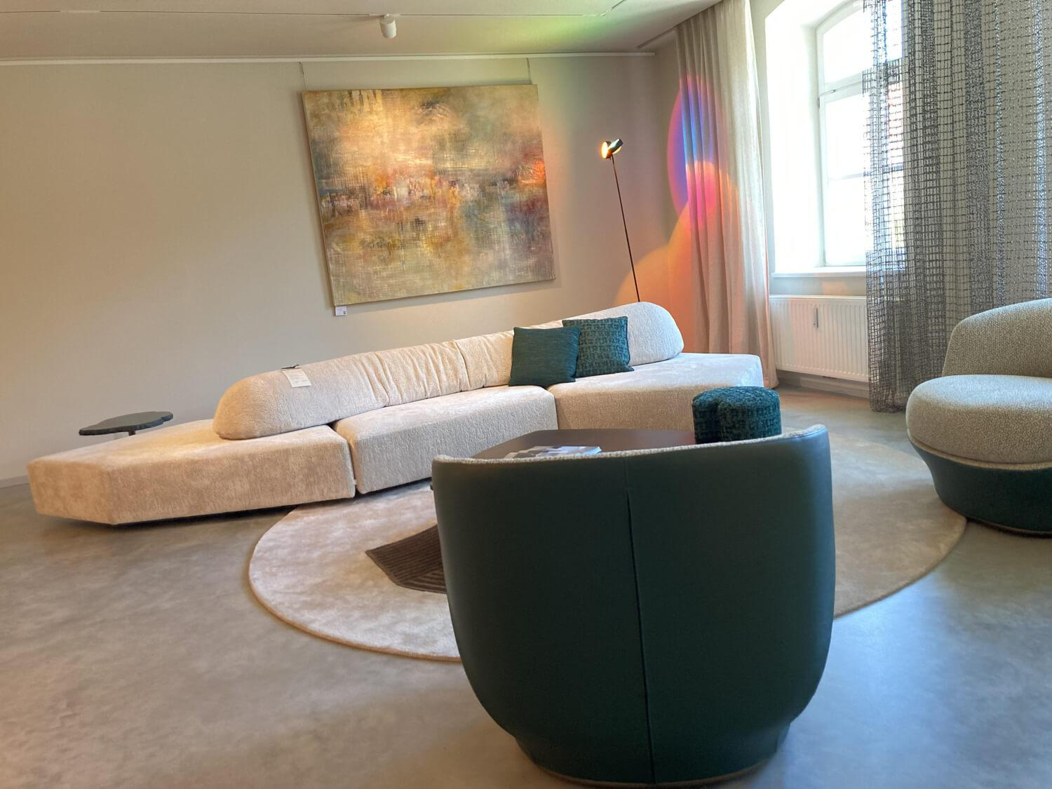 Giorgetti - Sessel 2er Set All Around Innen Stoff Cruise Melange Lagune Beige Grün Außen Leder Ottanio 9149 Grün Drehfuß Metall Bronze Lackiert - 7