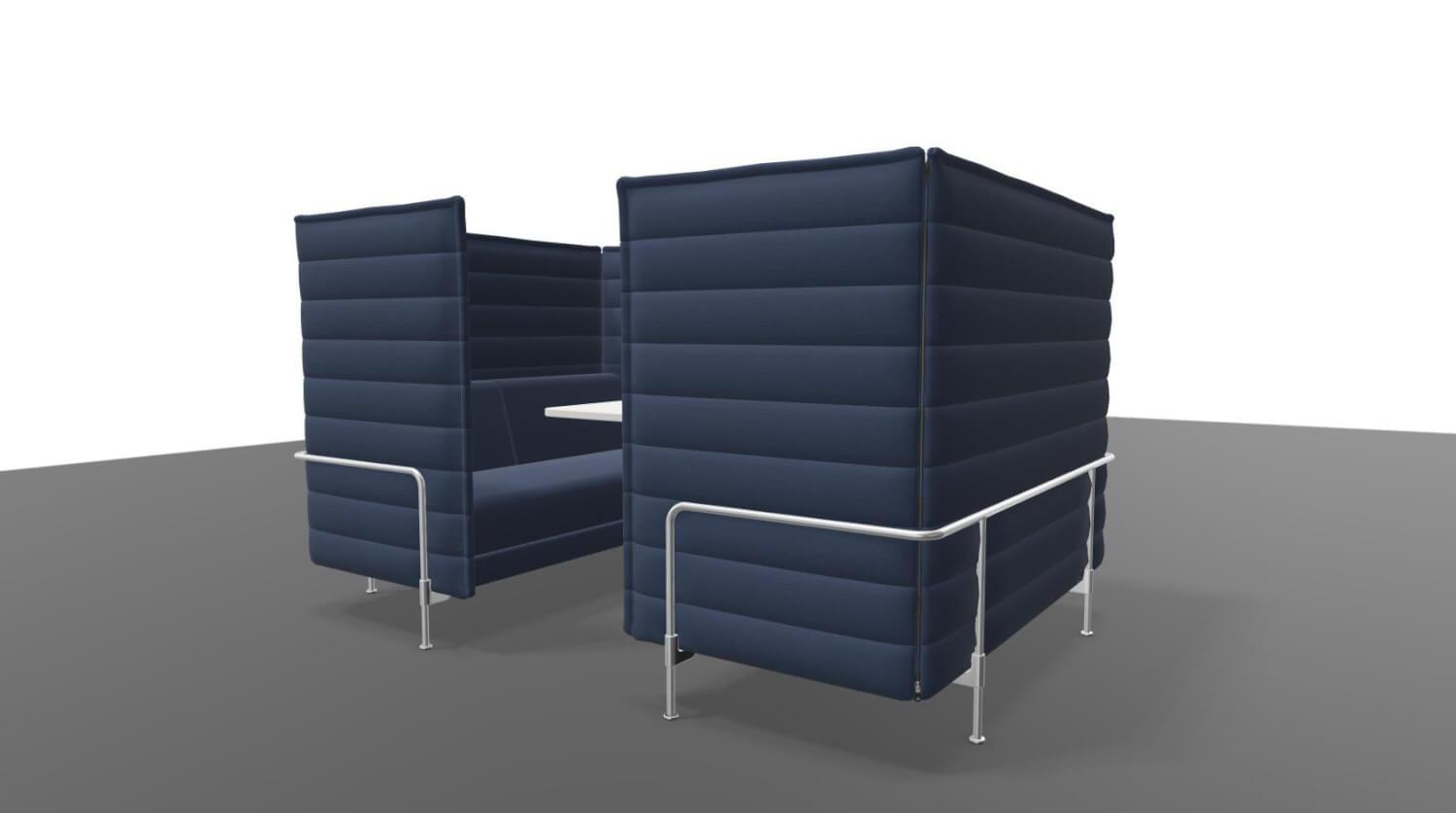 Vitra - Sitzkabine Alcove Cabin Highback Stoff Laser Dunkelblau Blau Moorbraun Braun Rahmen Glanzchrom Mit Tisch MDF Soft Light - 2