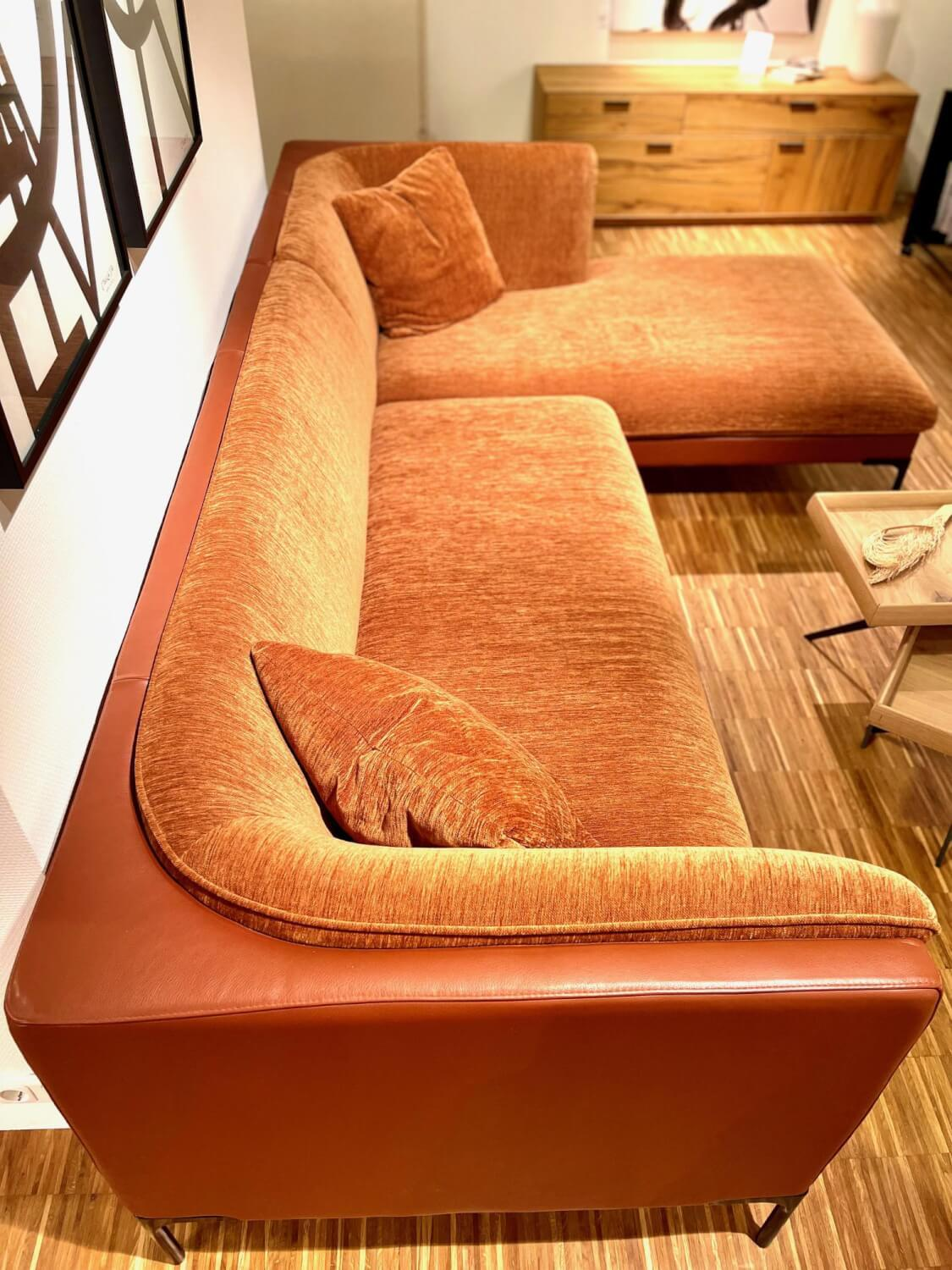 Sits - Ecksofa Frej Stoff Chenille Und Echtleder Cognac Orange Braun Winkelfüße Metall Schwarz - 7