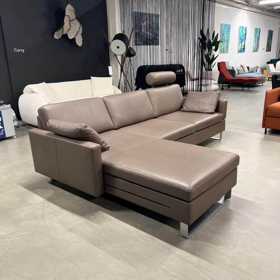 Brühl - Ecksofa Alba System M Leder Pearl 5707 85 Grau Füße Stahl Verchromt Mit Integrierten Kopfstützbügeln - 6