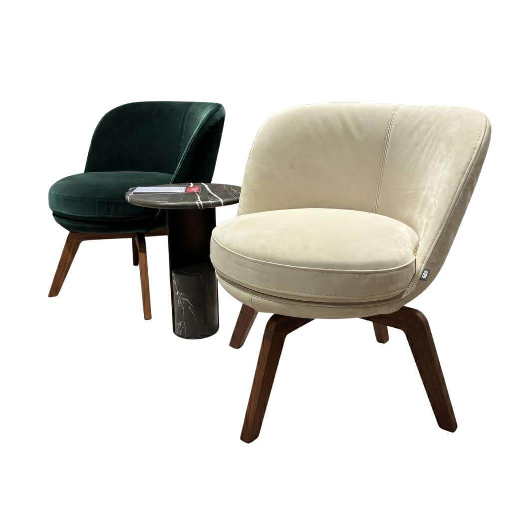 Rolf Benz - 2er-Set Clubsessel 562 CL-SE Inkl. Beistelltisch Leder Hellelfenbein Beige Und Stoff Tannengrün Gestell Amerikanischer Nussbaum Massiv Lackiert Mit Drehfunktion Beistelltisch 972-102 Naturstein Graphit Brown Braun - 1