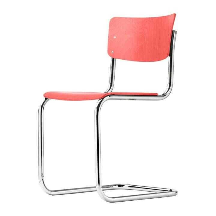 Thonet - Freischwinger S43 Buche Korallrot Gebeizt Gestell Stahlrohr Verchromt - 1