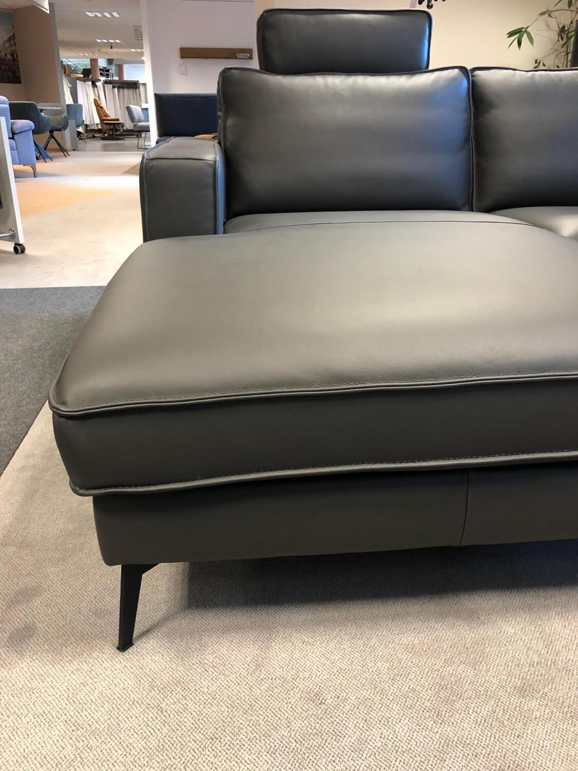 DFM - Ecksofa Beluga Leder WM Anthrazit Metallfüße Schwarz mit Kopfstütze - 2