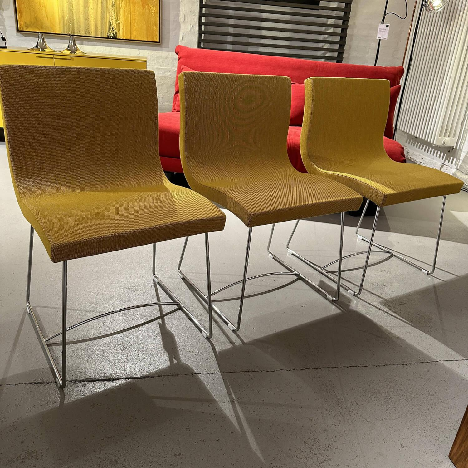 Ligne Roset - 3er Set Stuhl Sala Stoff Steelcut Trio 453 Gelb Kufengestell Metall Verchromt - 4