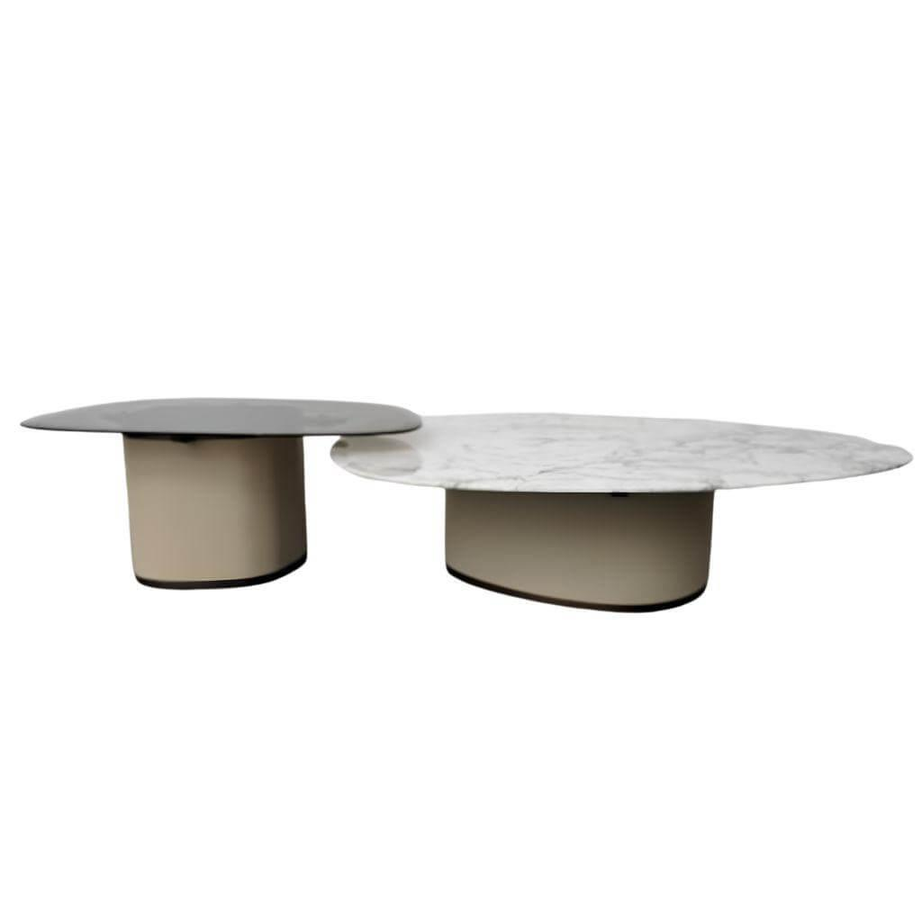 Giorgetti - 2er-Set Couchtisch Galet Platte Calacatta Marmor Rauchglas Gestell Leder Beige - 1