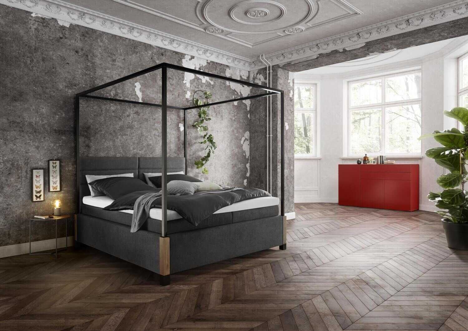 Gallery M - Himmelbett My Heaven Stoff D040 Anthrazit Grobstruktur 180x200 mit Matratzen und Federholzrahmen - 9