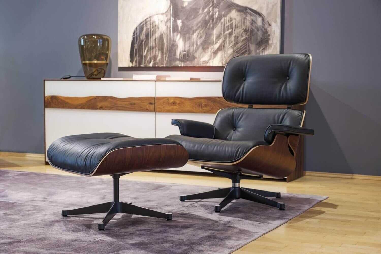 Vitra - Sessel Lounge Chair Leder Premium Schwarz Santos Palisander mit Ottoman Gestell poliert Seiten schwarz neue Maße - 3