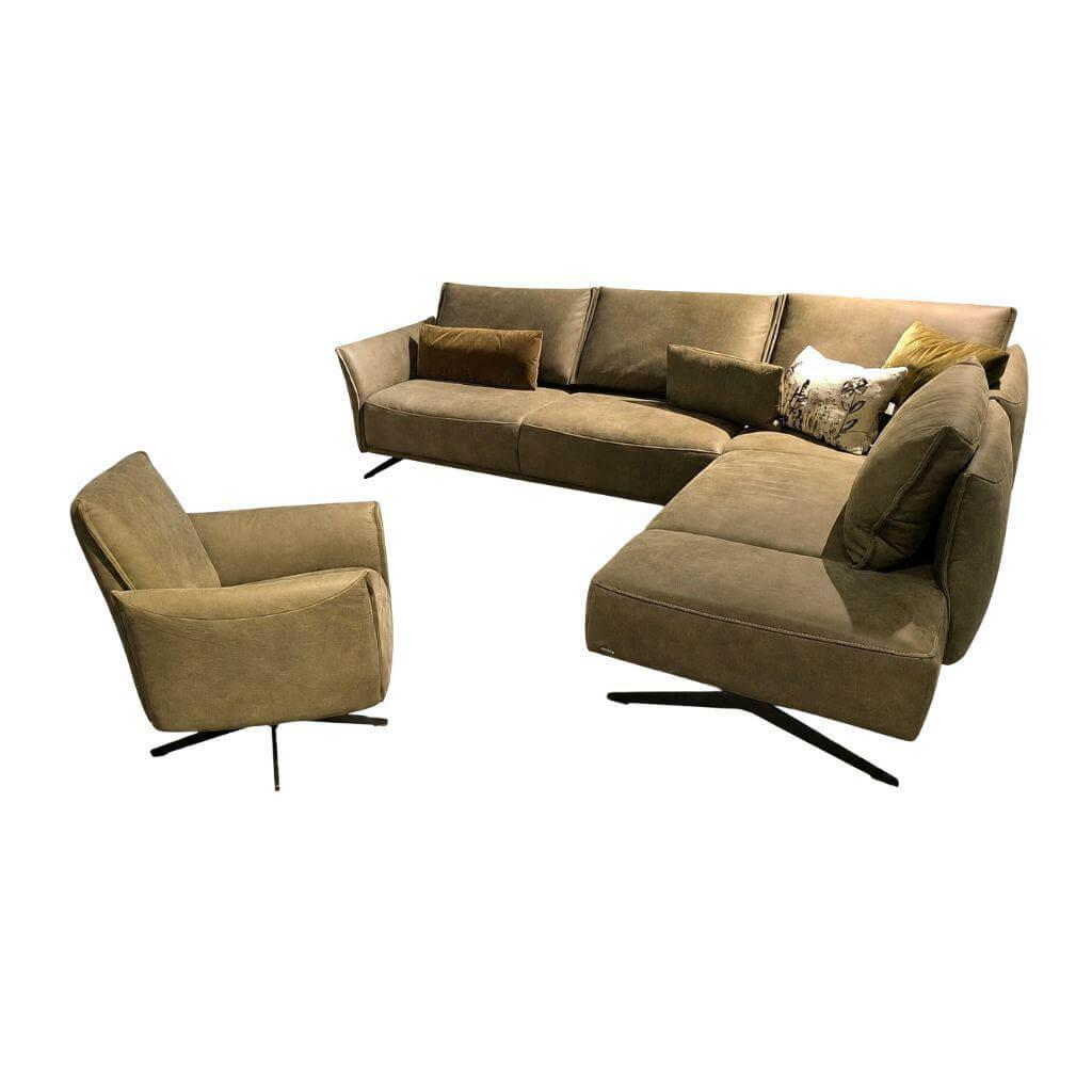 Koinor - Garnitur Vineto Sofa 2,5-Sitzer Und Sessel Leder A-India Verde Grün Faden Beige Gestell Metallkufe Schwarz Matt Inkl. Funktionsrücken - 1