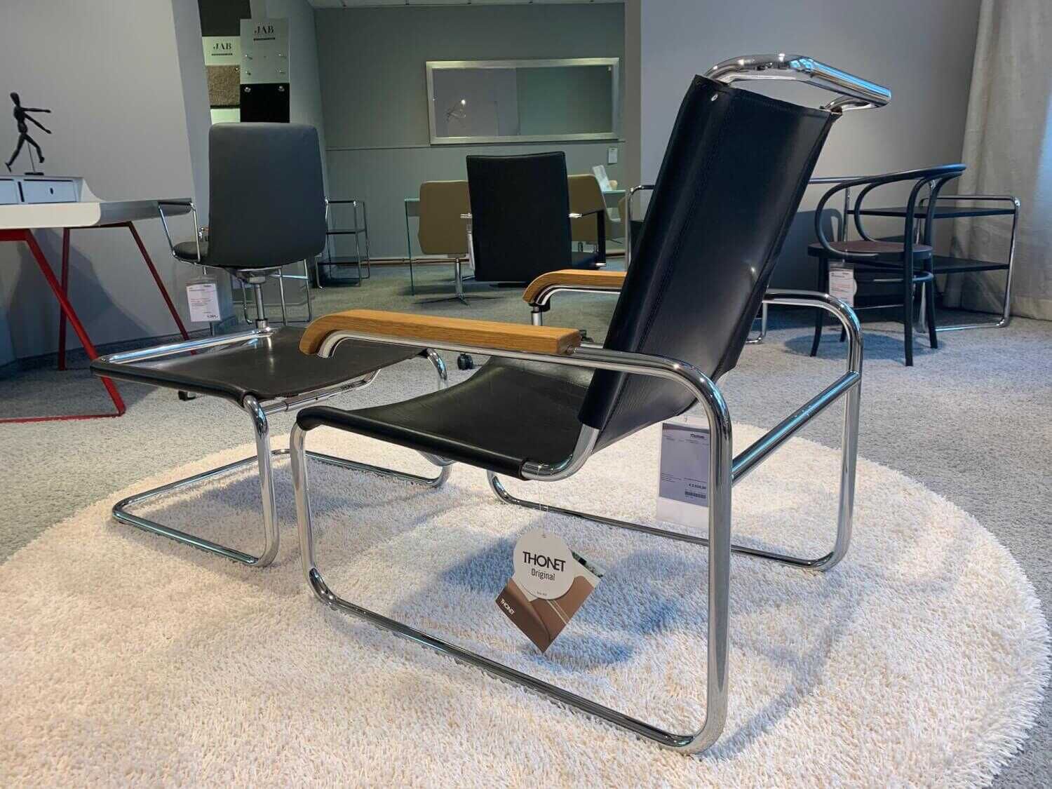 Thonet - Sessel S35 L Kernleder Natur Schwarz Eiche Geölt Stahlrohr Chrom mit Hocker - 5
