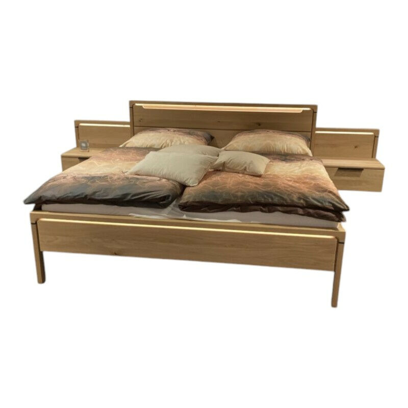 Musterring -  Bett Anconia Eiche Natur Massiv Mit 2 Hängekonsolen Mit Aufsatzpanleele Eiche Natur Massiv Griffe Eiche Natur Anthrazit Inklusive Beleuchtung Ohne Lattenrost Ohne Matratze - 1