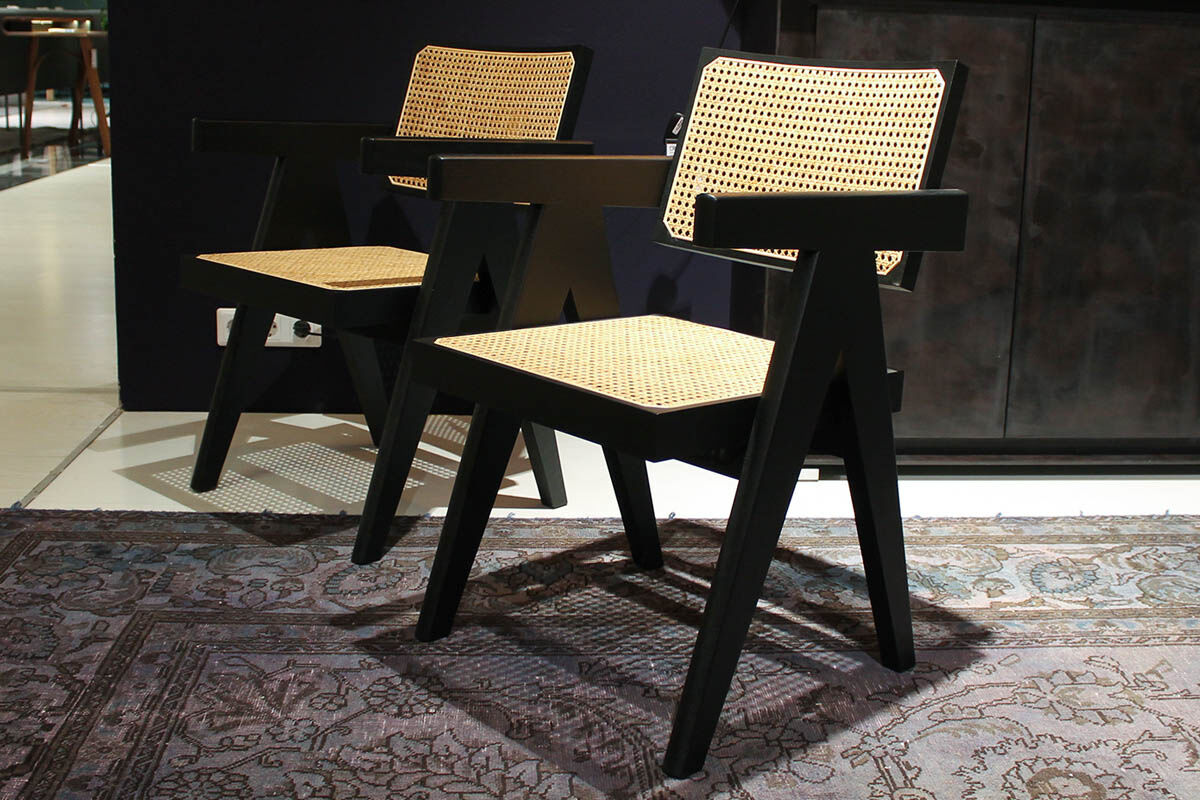 Cassina - 2er-Ser Stuhl Office Chair 051 Spanisches Rohrgeflecht Gestell Massivholz Eiche Schwarz - 2