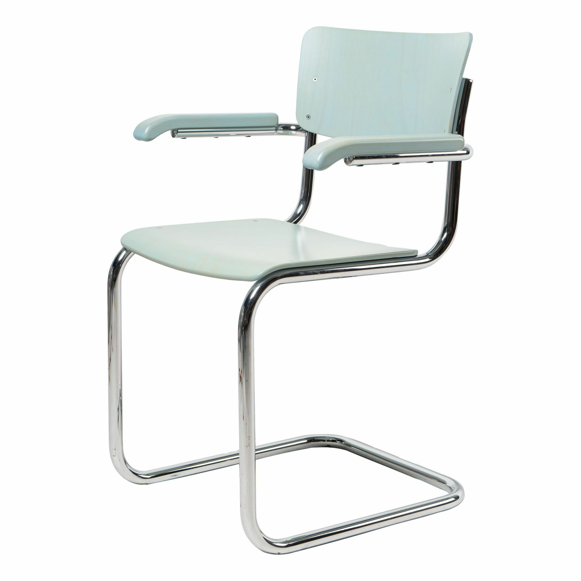 Thonet - Freischwingerstuhl S 43 F Mit Armlehnen Buche Gebeizt Himmelblau TP250 NCS-S-1030-B Gestell Verchromt - 1
