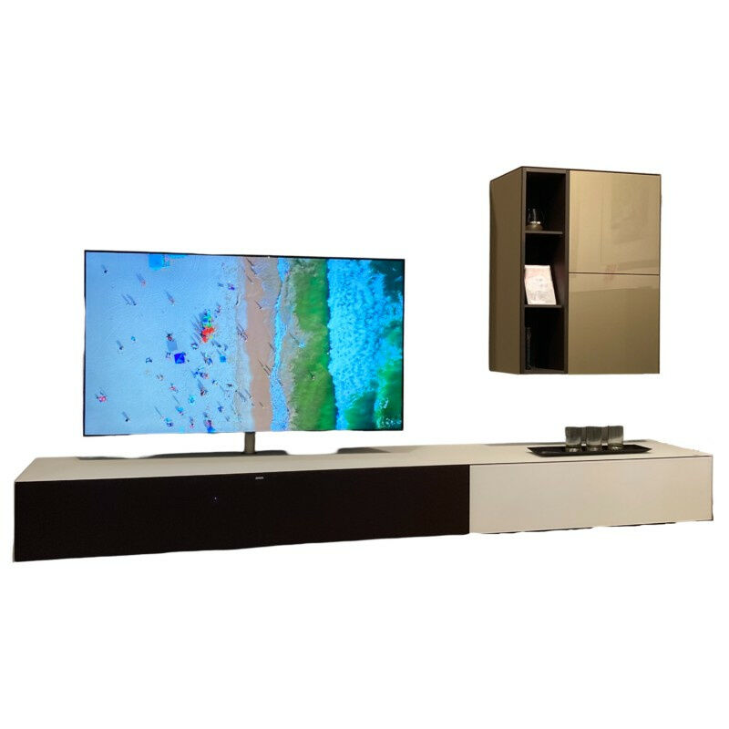 Spectral Smart Furniture - Wohnwand Ameno Lowboard Glas Snow Weiß Satiniert Mit Textilgewebe Carbon Schwarz Hängeschrank  Front Glas Champagner Grau Beige Korpus Furnier Eiche Smoked Anthrazit Inklusive Beleuchtung Und Lautsprecher - 1