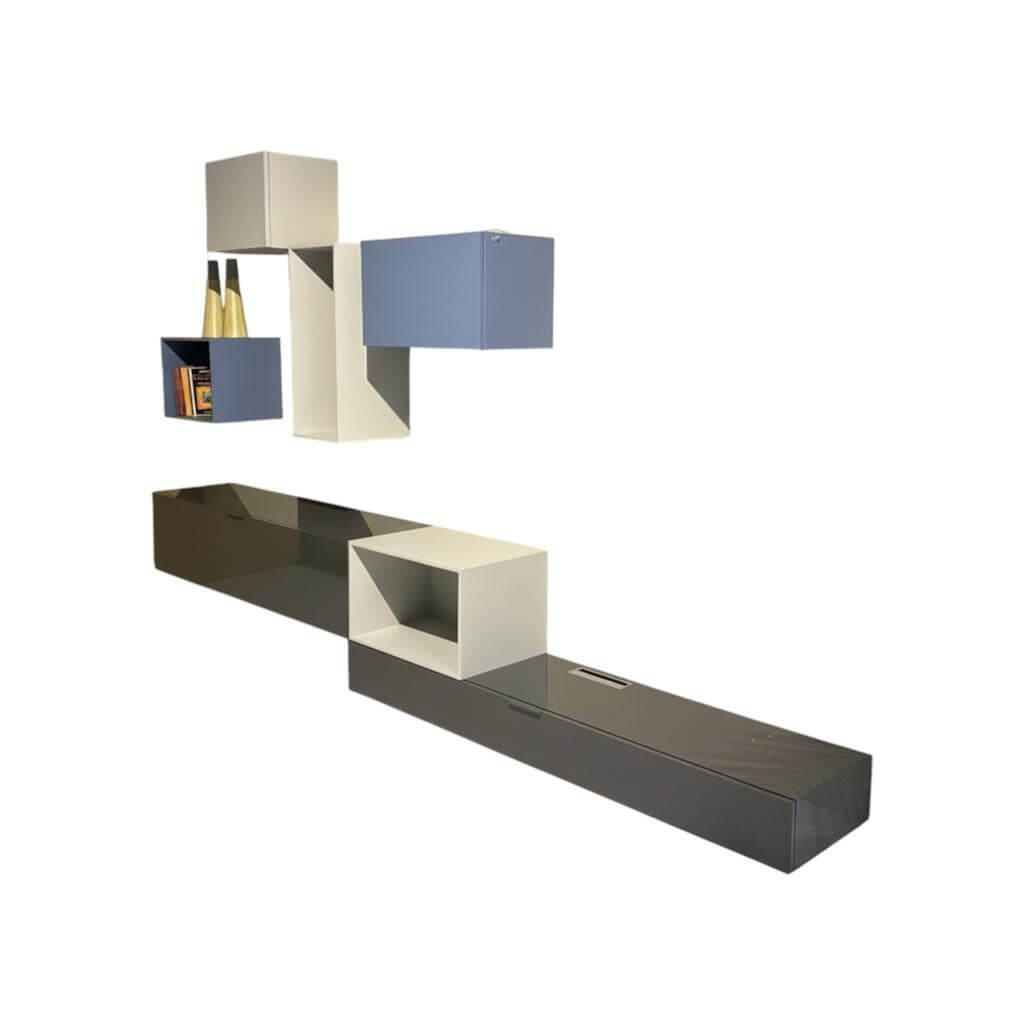 Contur - Wohnwand 5800 A99908 Lack Hochglanz Tufo Grau Lack Matt Perla Weiß Und Oceano Blau - 1