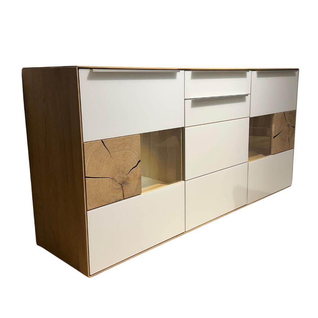 Mondo - Sideboard Natur Talvera Asteiche Massiv Gebürstet Weißgeölt Akzent Weißglas Griffe Edelstahloptik - 1