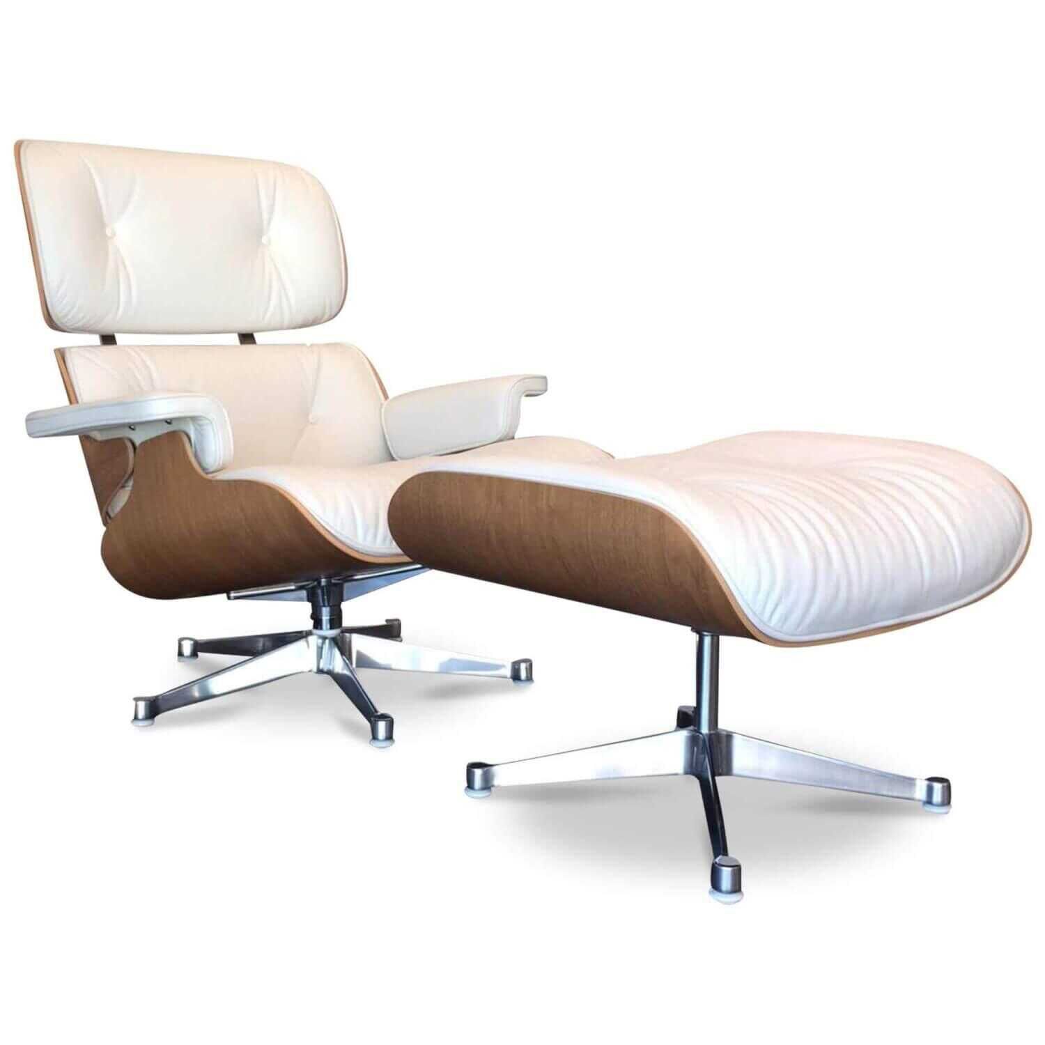 Sessel Lounge Chair mit Ottoman Leder Weiss Nussbaum Neue Maße