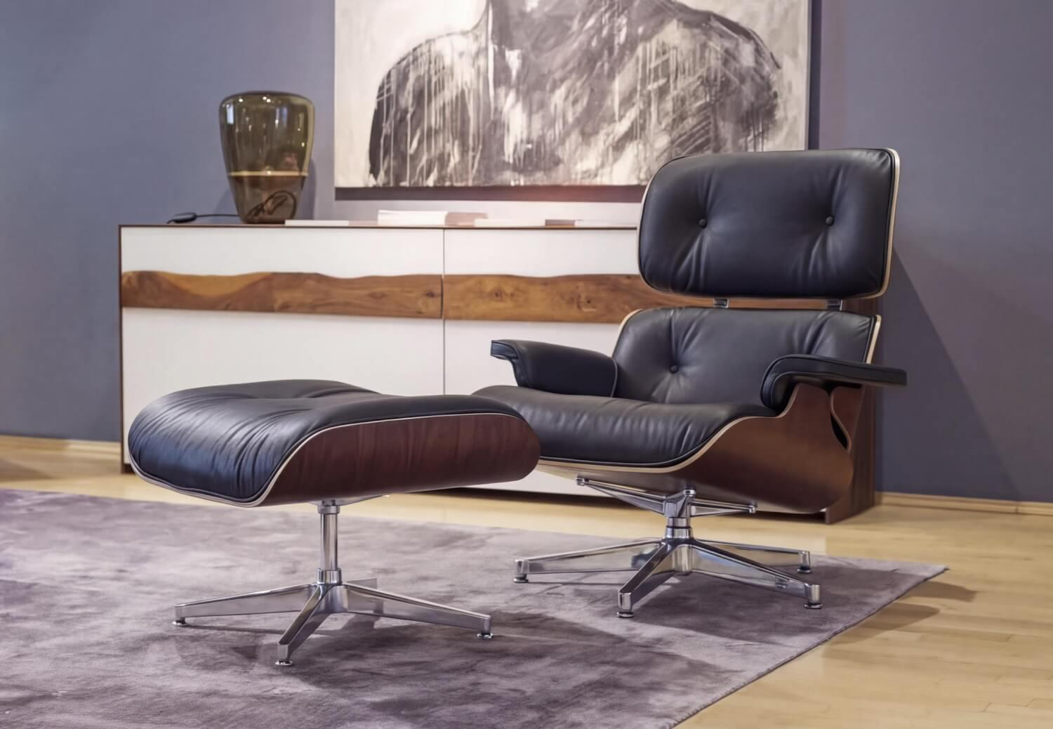 Vitra - Aktionspreis: Lounge Chair Sessel Leder Premium Schwarz Santos Palisander mit Ottoman Gestell komplett poliert neue Maße - 3