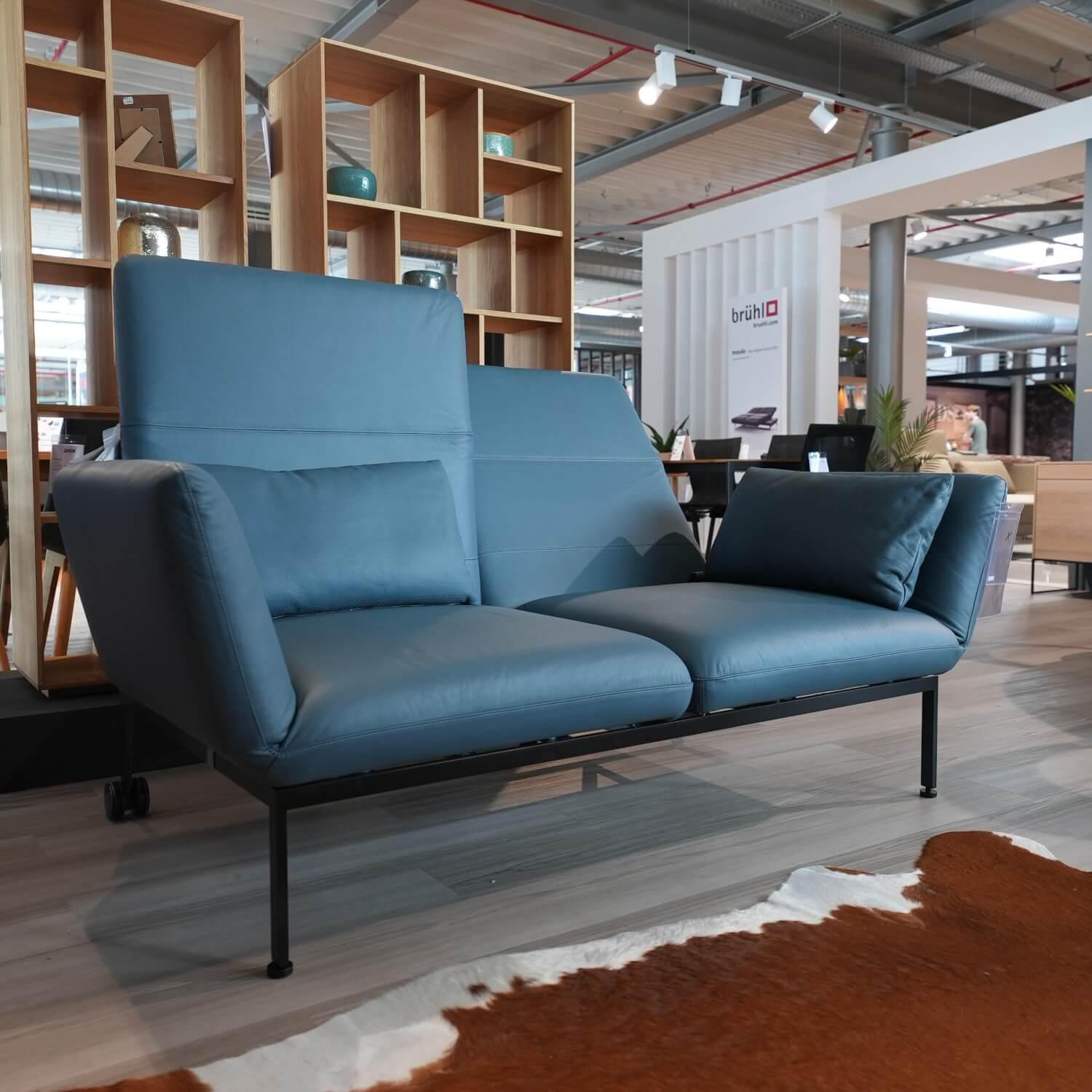 Brühl - Sofa Roro Medium Anilinleder Jumbo Taubenblau Blau Fuß Chrom Schwarz Pulverbeschichtet Mit Rollen - 7