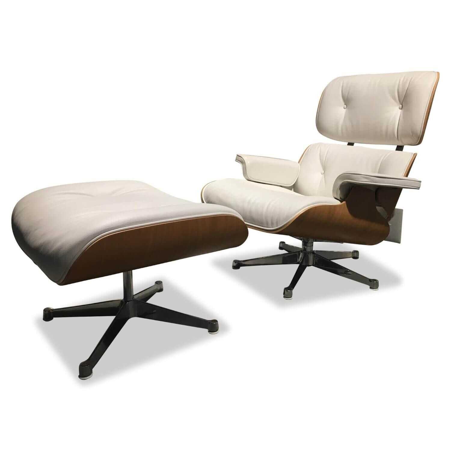 Sessel Lounge Chair Leder Premium Snow Weiß Nussbaum Weiß Pigmentiert mit  Ottoman