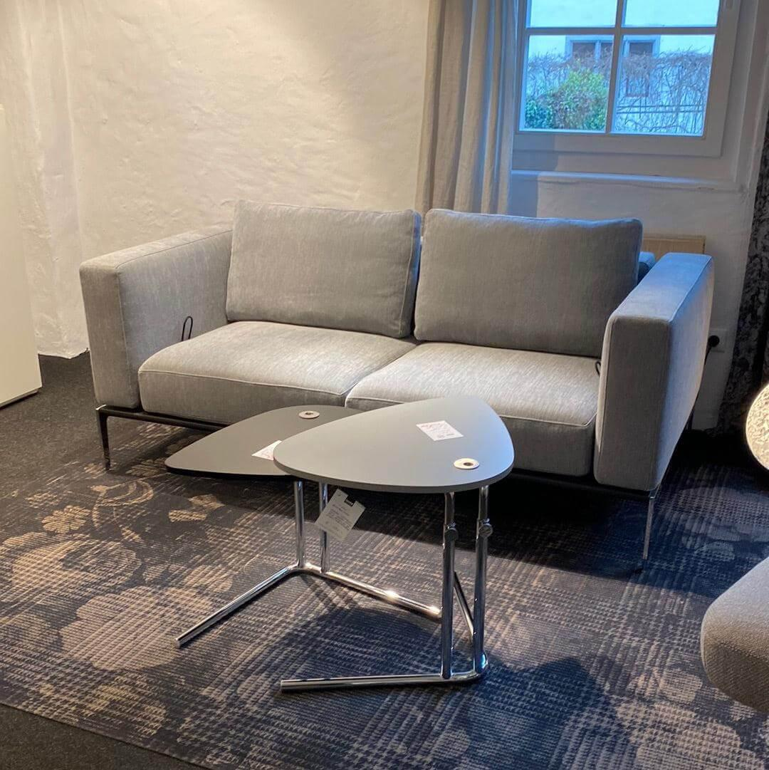 Eigene Herstellung - Sofa Piu Bezug Stoff Carla Hellgrau Unterbau Leder Rancho Anthrazit Gestell Chrom Glanz - 3