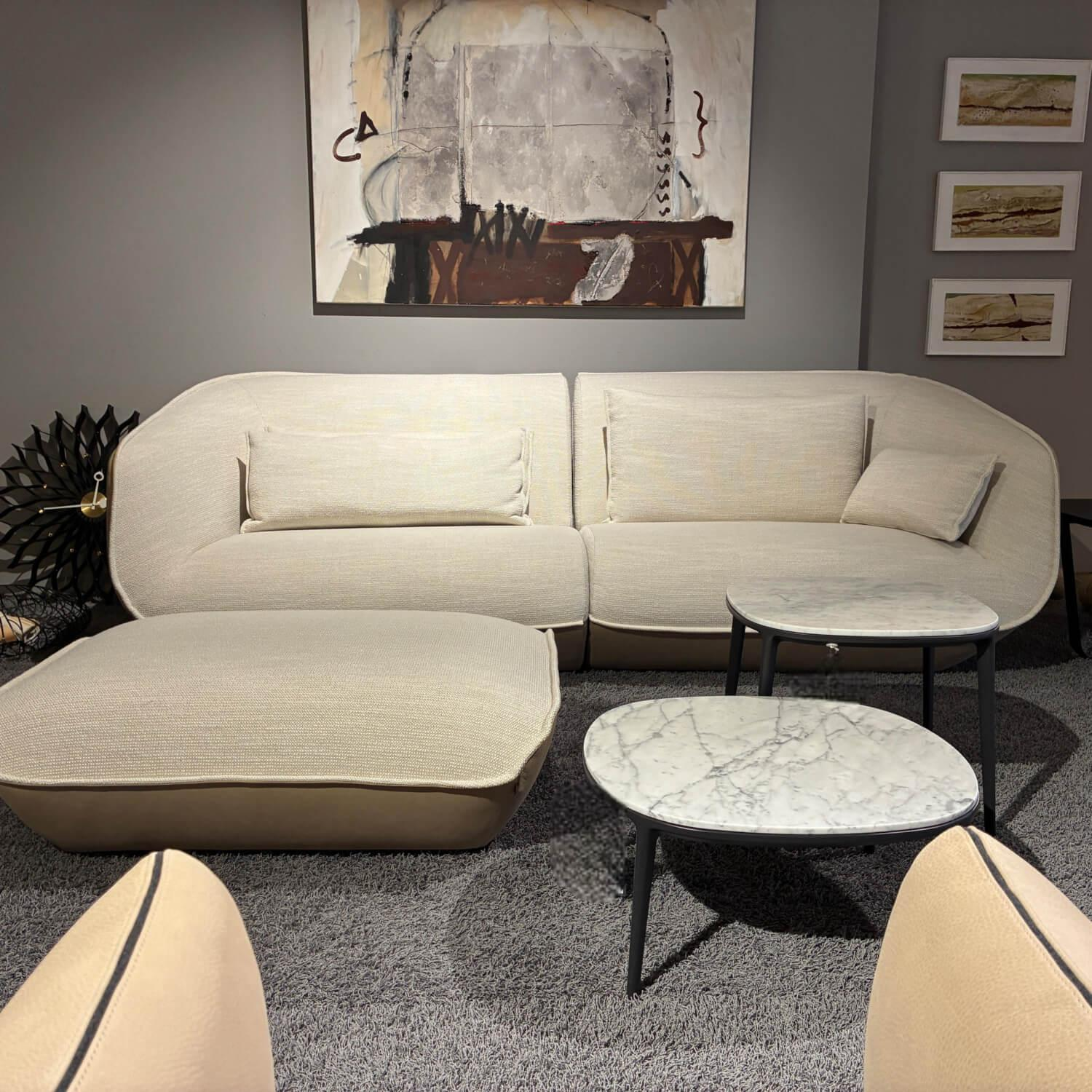 COR - Sofa Nook Sitz Stoff 8190 Woll Weiß Außen Leder 420 Sand Beige Füße Kunststoffgleiter mit Hocker Und Kissen - 3