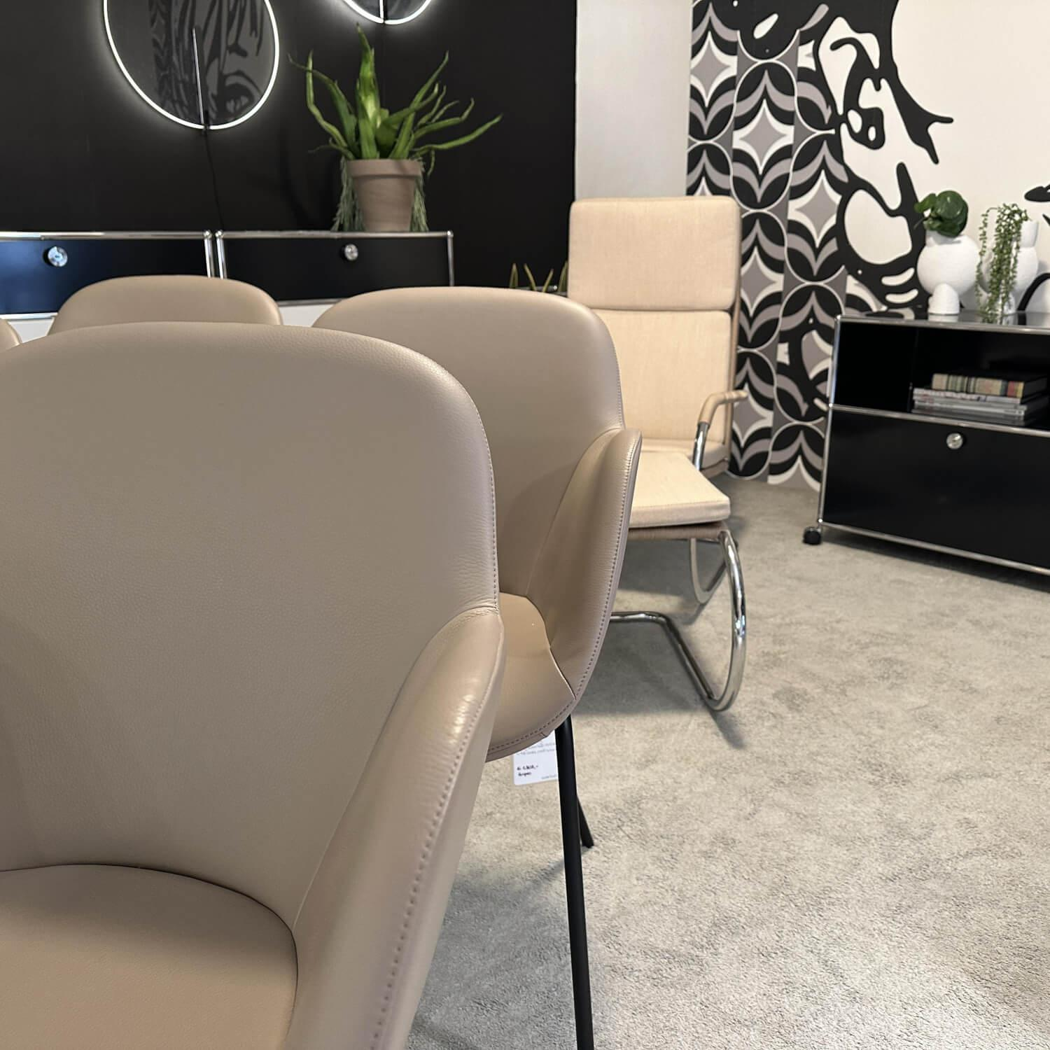 Walter Knoll - 4er-Set Armlehnstuhl Sheru Leder Rodeo Soft 1417 Pebble Beige Gestell Metall Matt Schwarz Mit Filzgleitern - 8