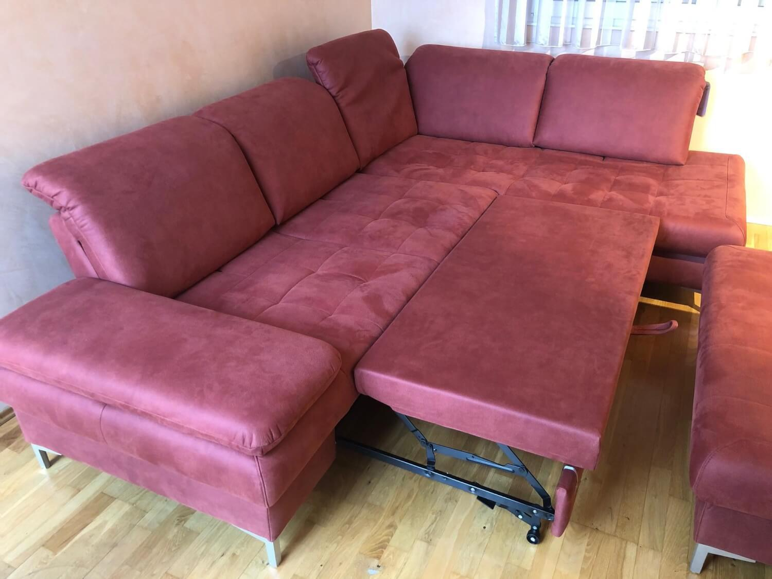 Dietsch - Ecksofa Family Relax 3 Stoff Deluxe Ziegel Rot Füße Metall Mit Bettauszug Inklusive Hocker - 9