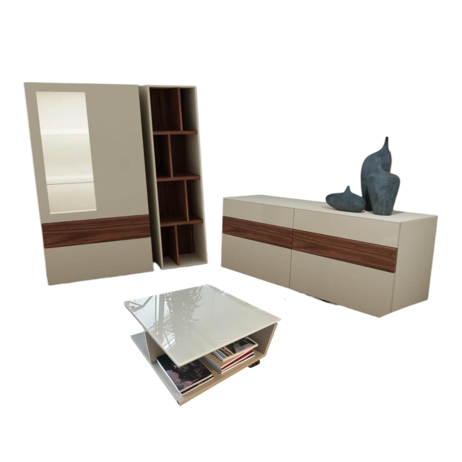 Hülsta - Wohnwand Now Vision C18 Lack Seidengrau Hochglanz Akzent Kernnussbaum Inklusive Couchtisch - 1