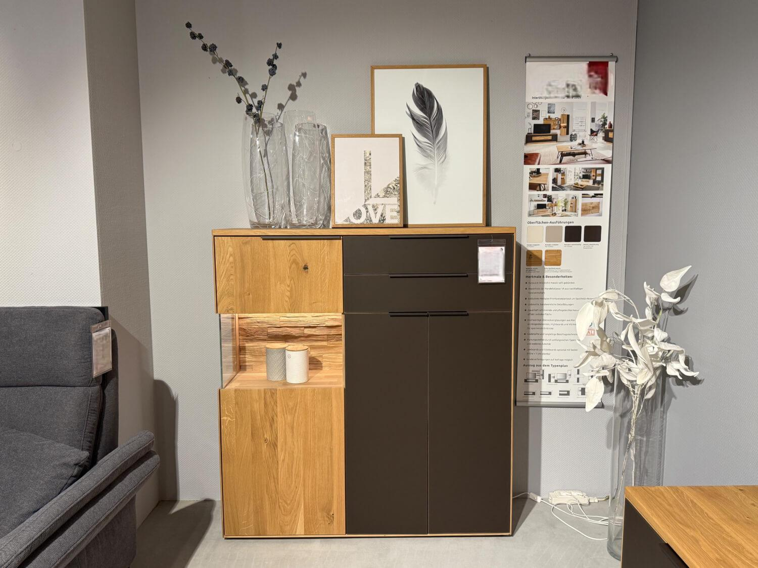 Wöstmann - Highboard 2009 Wildeiche Massiv Soft Gebürstet Absetzung Mattgals Cubanit Antharzit Braun Inklusive Beleuchtung - 2