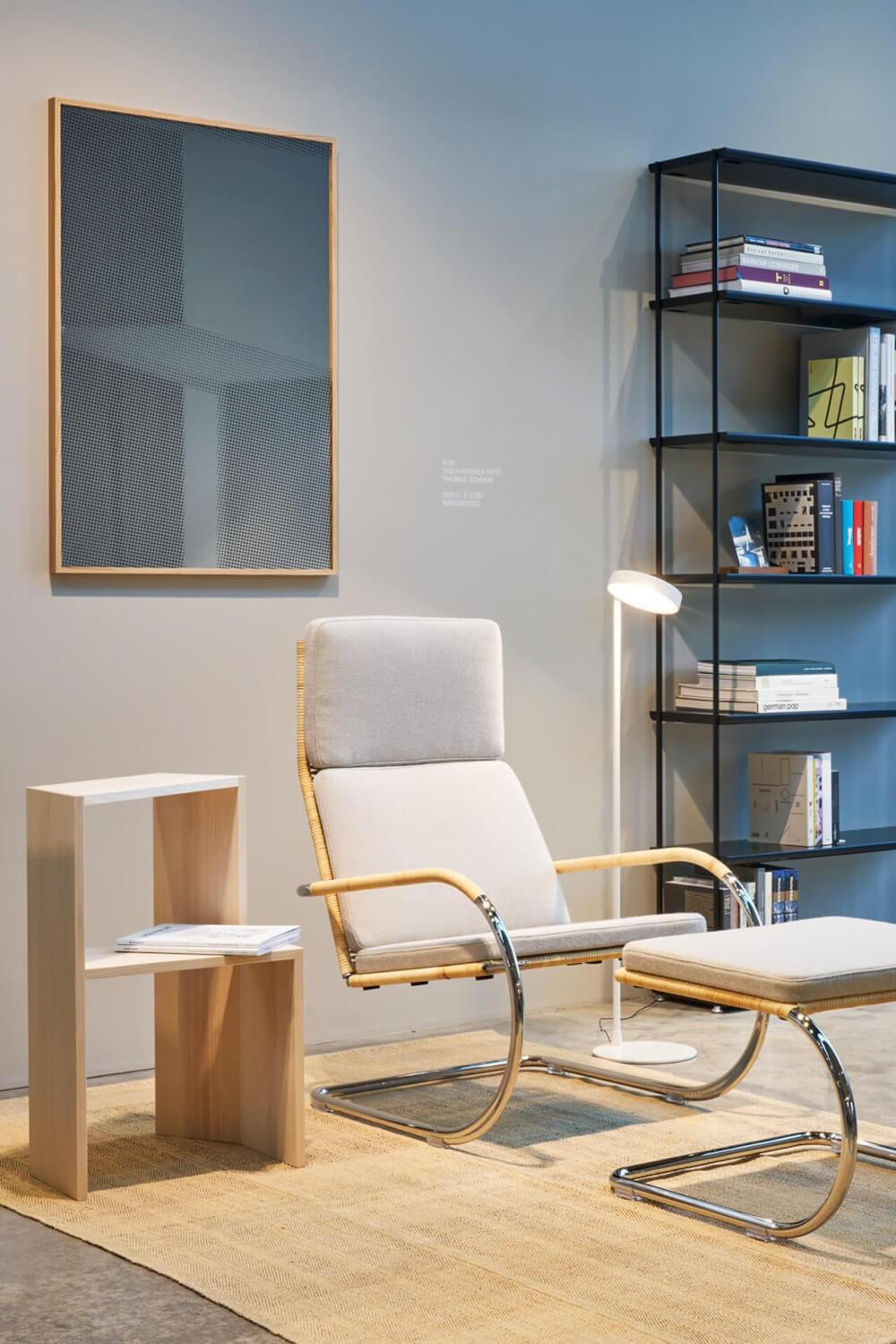 Tecta - Kragsessel D35-1 Geflecht Beige Stahlrohr Verchromt mit Hocker mit Auflage C35 - 3