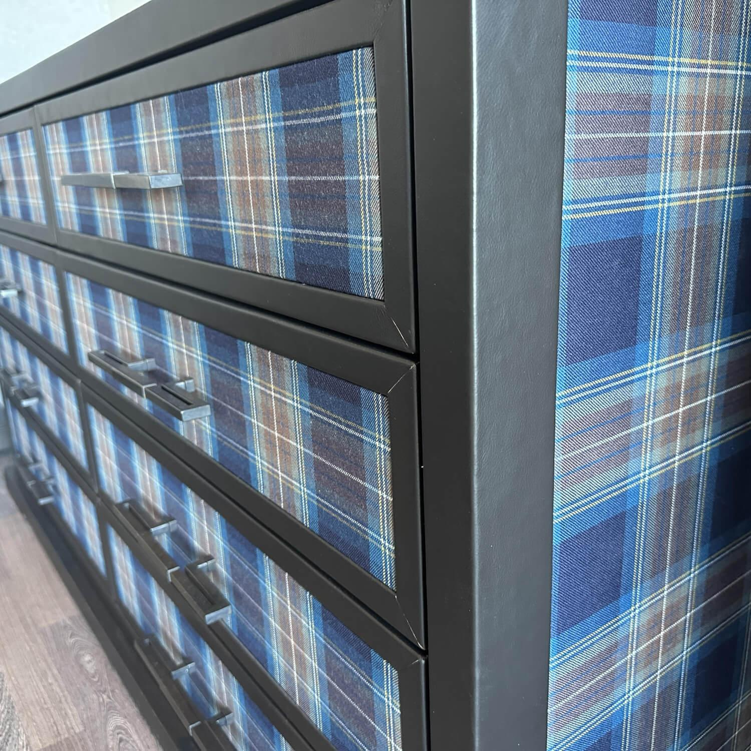 Gruber - Kommode Hollywood Stoff Und Leder Blau Schwarz Kariert Korpus Holz Schwarz - 6