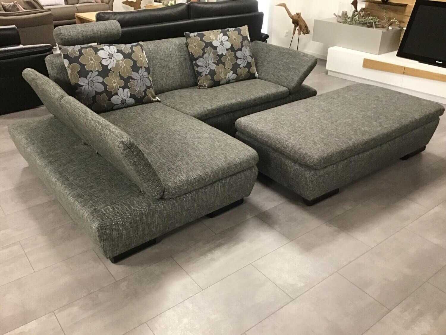 EMP - Ecksofa Extasy 525 Stoff Grau Gemustert mit Hocker mit Kopfrolle und Kissen - 4