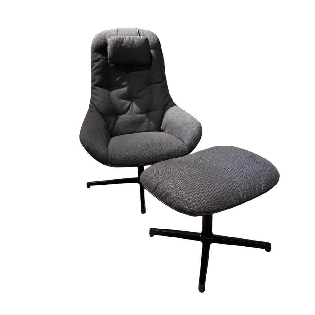 Rolf Benz - Sessel Meg Soft Stoff 17.353 Schwarzgrau Schale Außen Leder 38.109 Dunkel Graublau Kreuzfuß Aluminium Schwarz Matt - 1