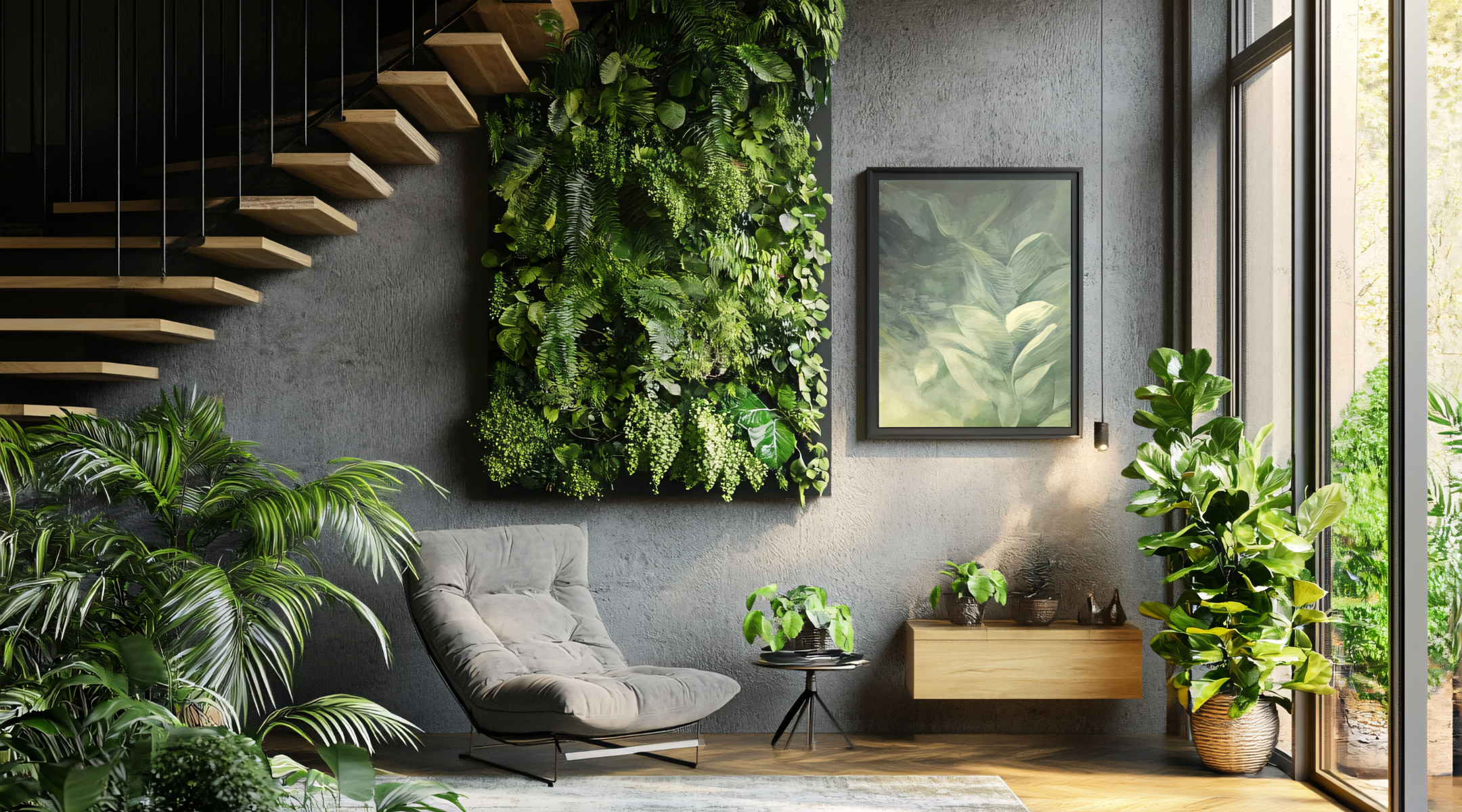 Urban jungle: living in the countryside - even without a garden Sitzbereich mit grauem Sessel, Beistelltisch und Hängeschrank und verschiedenen Topfpflanzen und einer Pflanzenwand