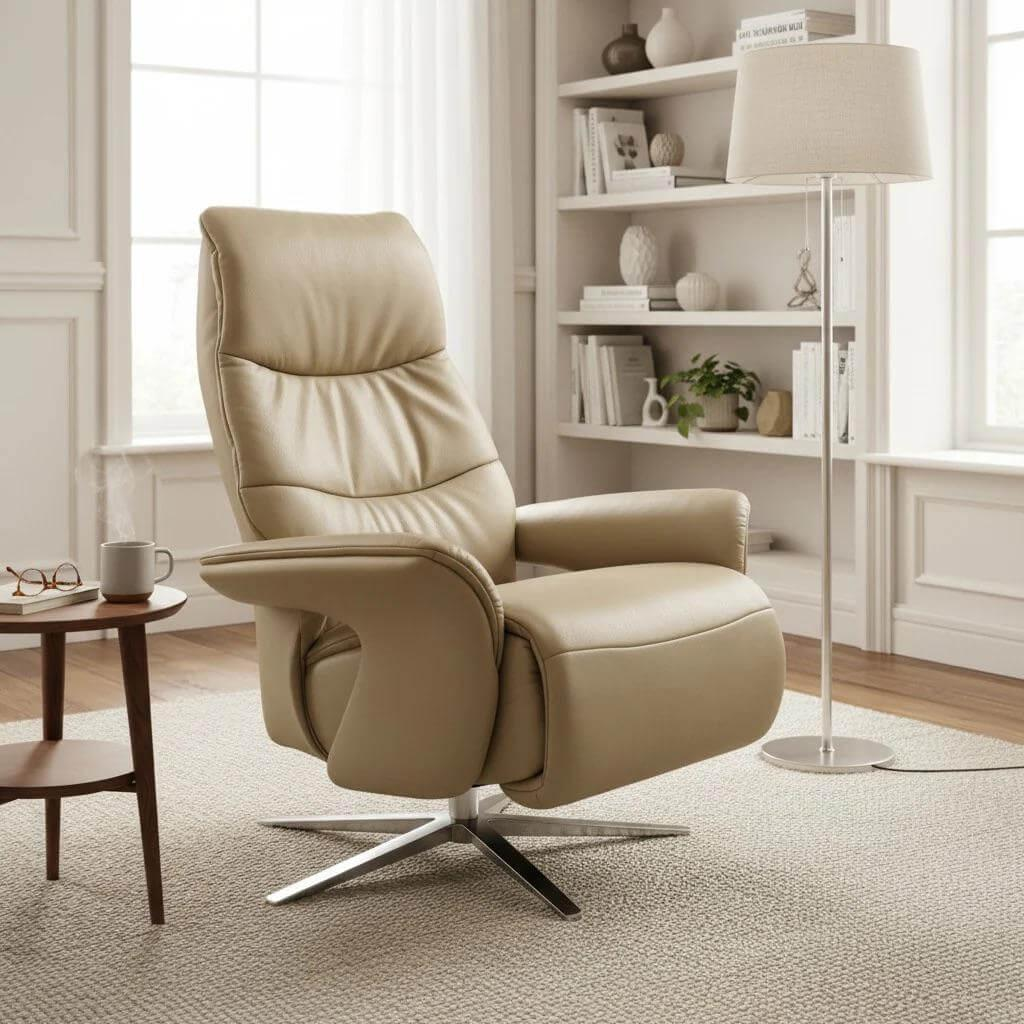 himolla - Sessel 7052 Easy-Swing Leder Longlife Soft Stein Creme Braun Sternfuß Edelstahloptik Manuelle Verstellung - 4