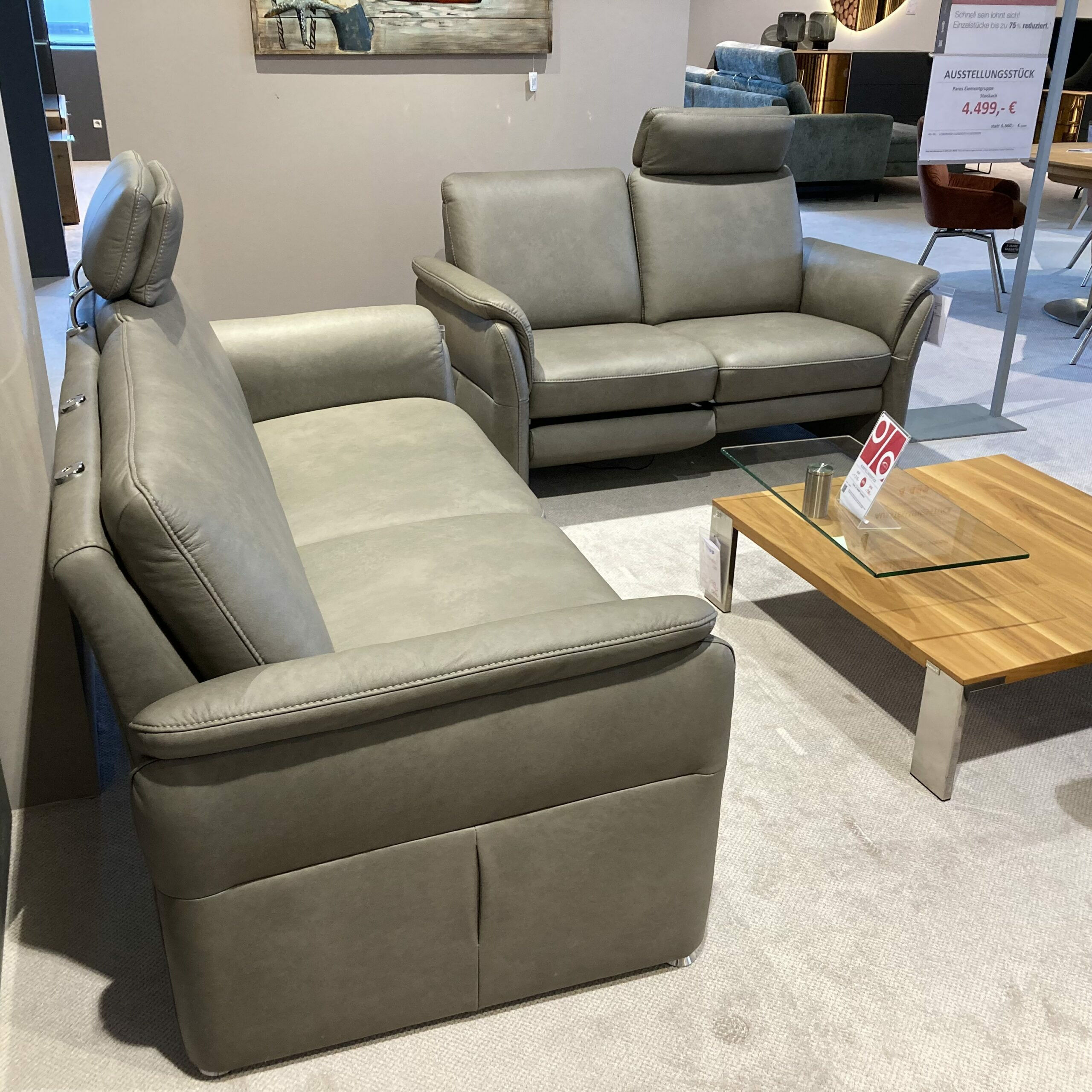 Steinpol - Garnitur Polsteria Pares Leder Levita Smoke Grau Füße Aluminium Poliert - 2