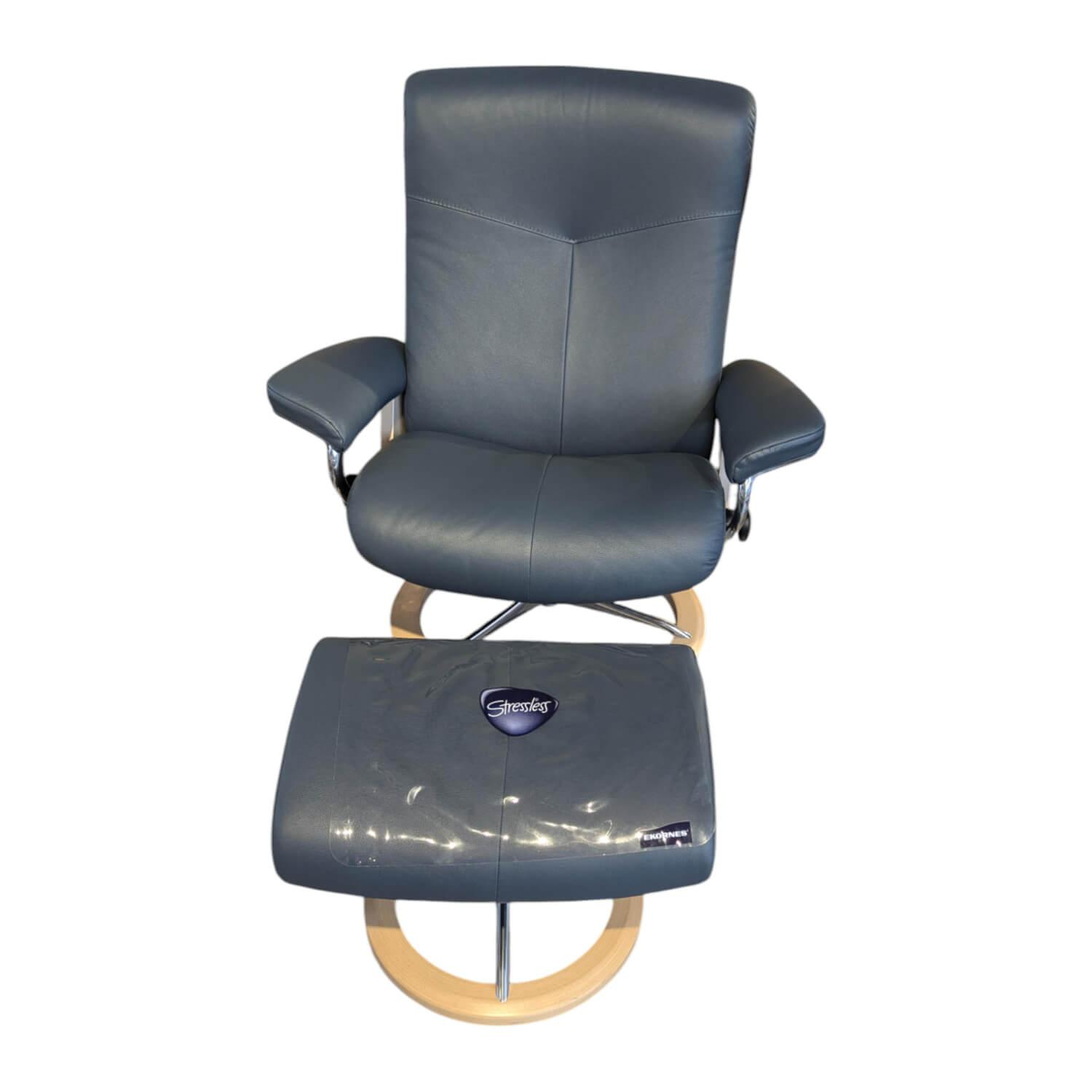 Stressless - Sessel Dover L Leder Batick 093 Atlantic Blue 73 Grau Gestell Signature Holz Whitewash 12 Mit Hocker - 1