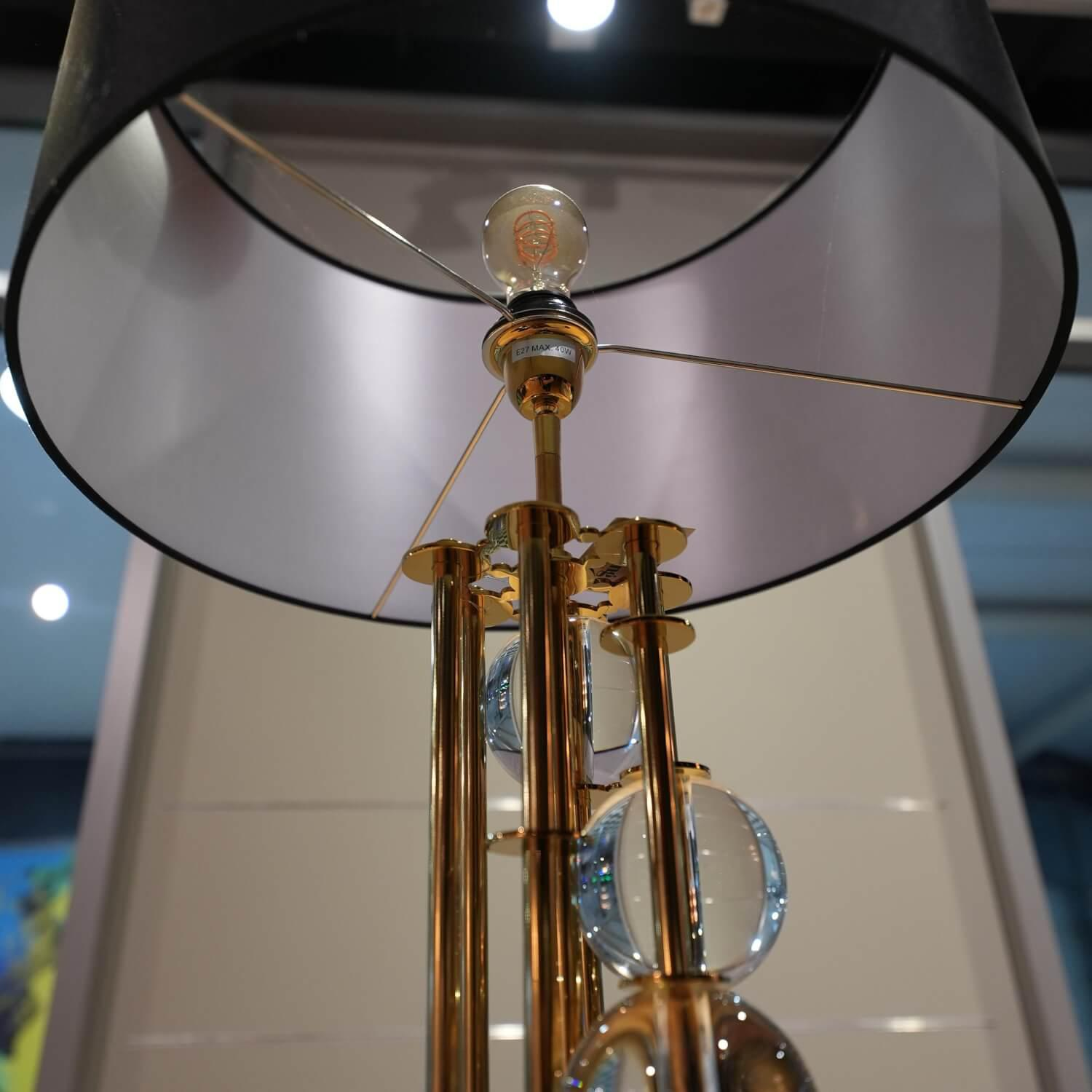 Stehlampe Lorenzo Stahlrahmen Gold Finish Lampenschirm Stoff Schwarz Mit 12 Kristallglas-Kugeln