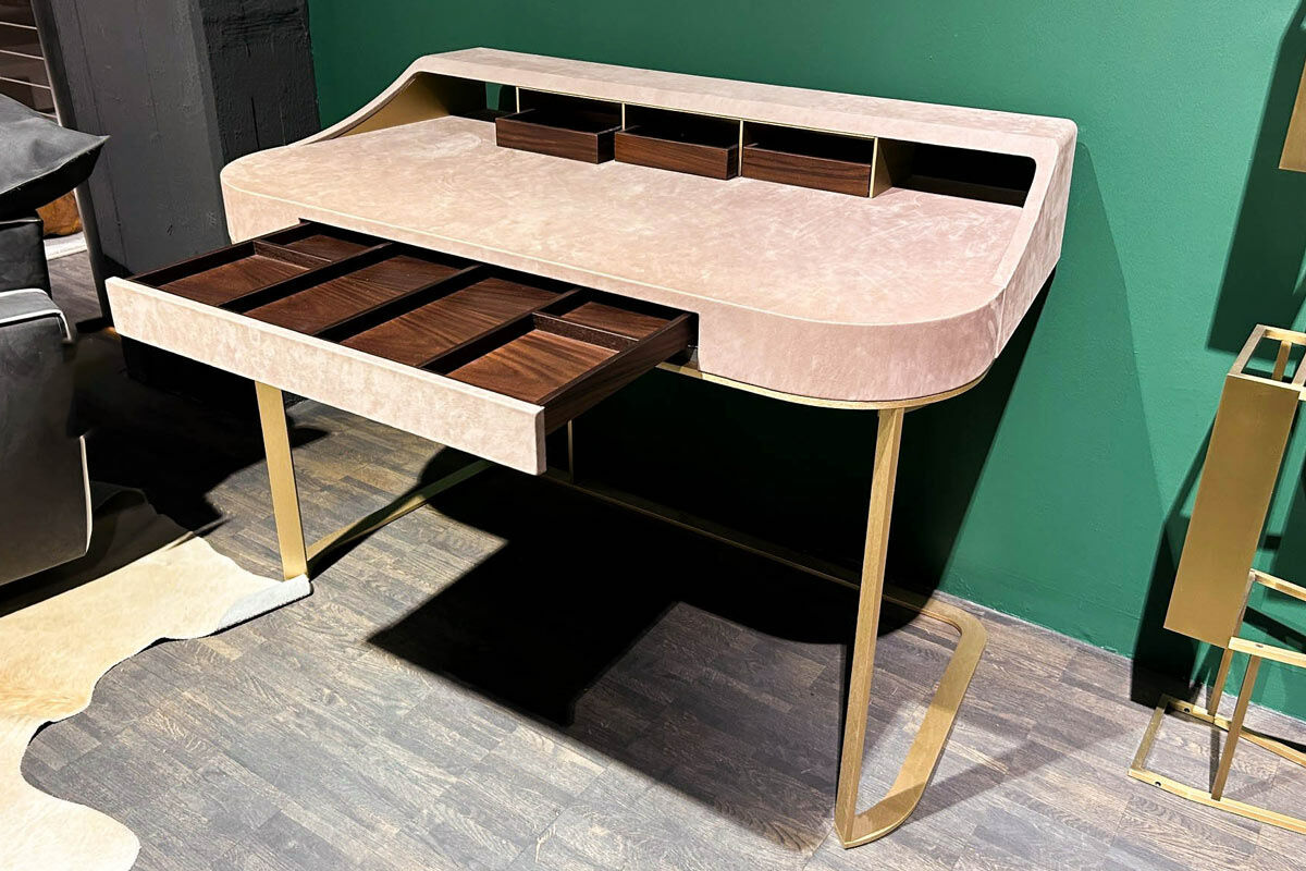 Baxter - Schreibtisch Yves Tischplatte MDF Leder Kashmir Hell Rose Gestell Messing Matt - 4