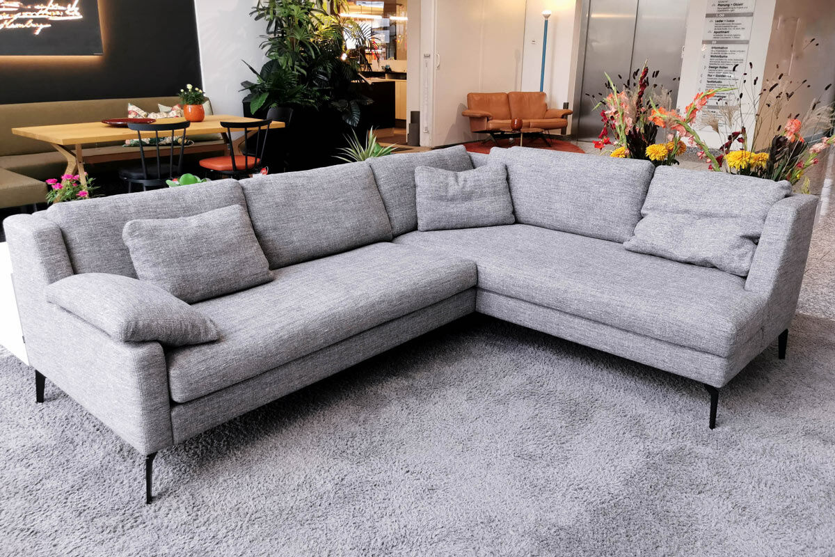 Werther - Ecksofa Skagen Stoff U2331G Hellgrau Meliert Füße Metall Schwarz mit 2 Kopfstützen - 7