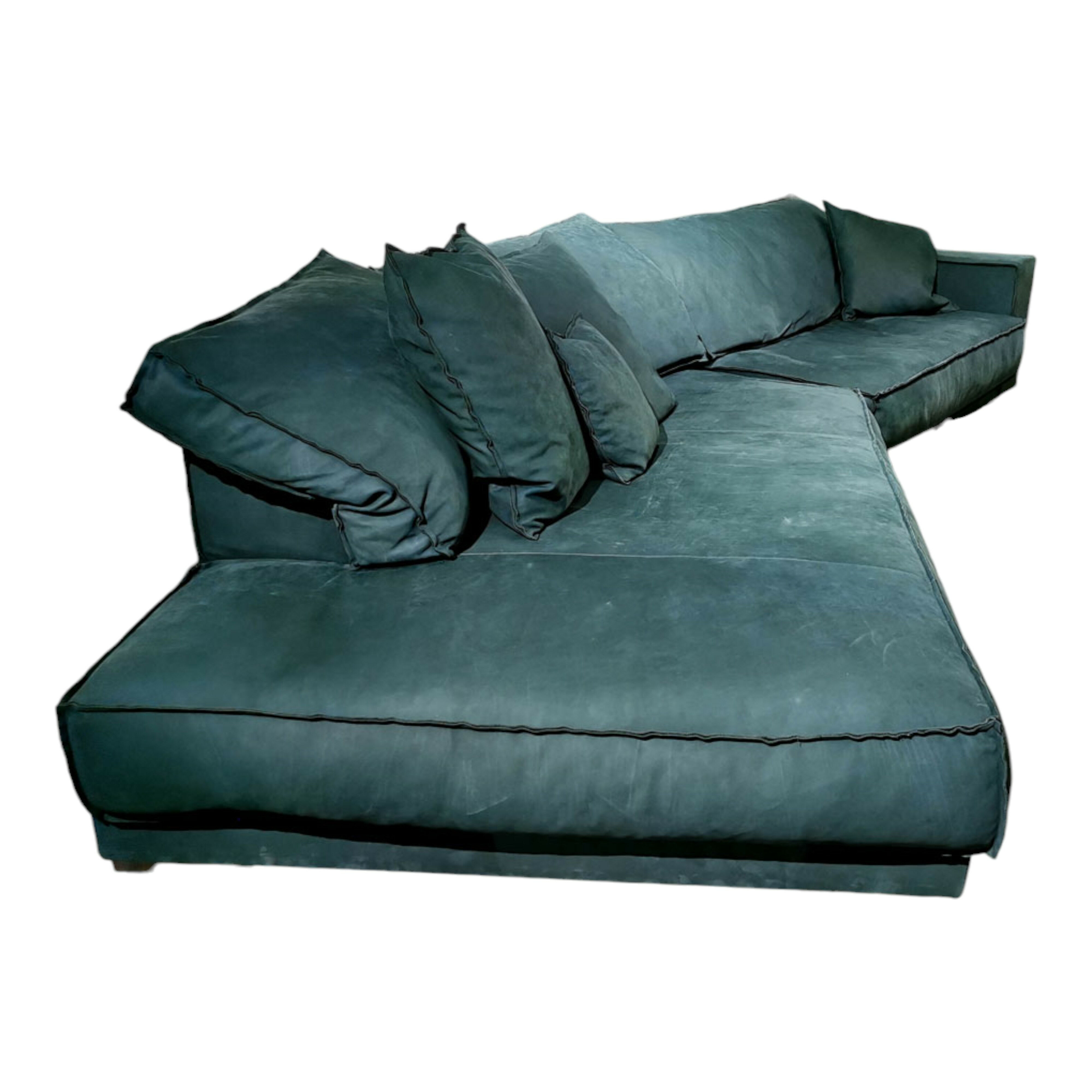 Baxter - Sofa Budapest Soft Leder Kashmir Jade Petrol Gestell Satiniertes Rohmetall mit 4 Kissen - 1