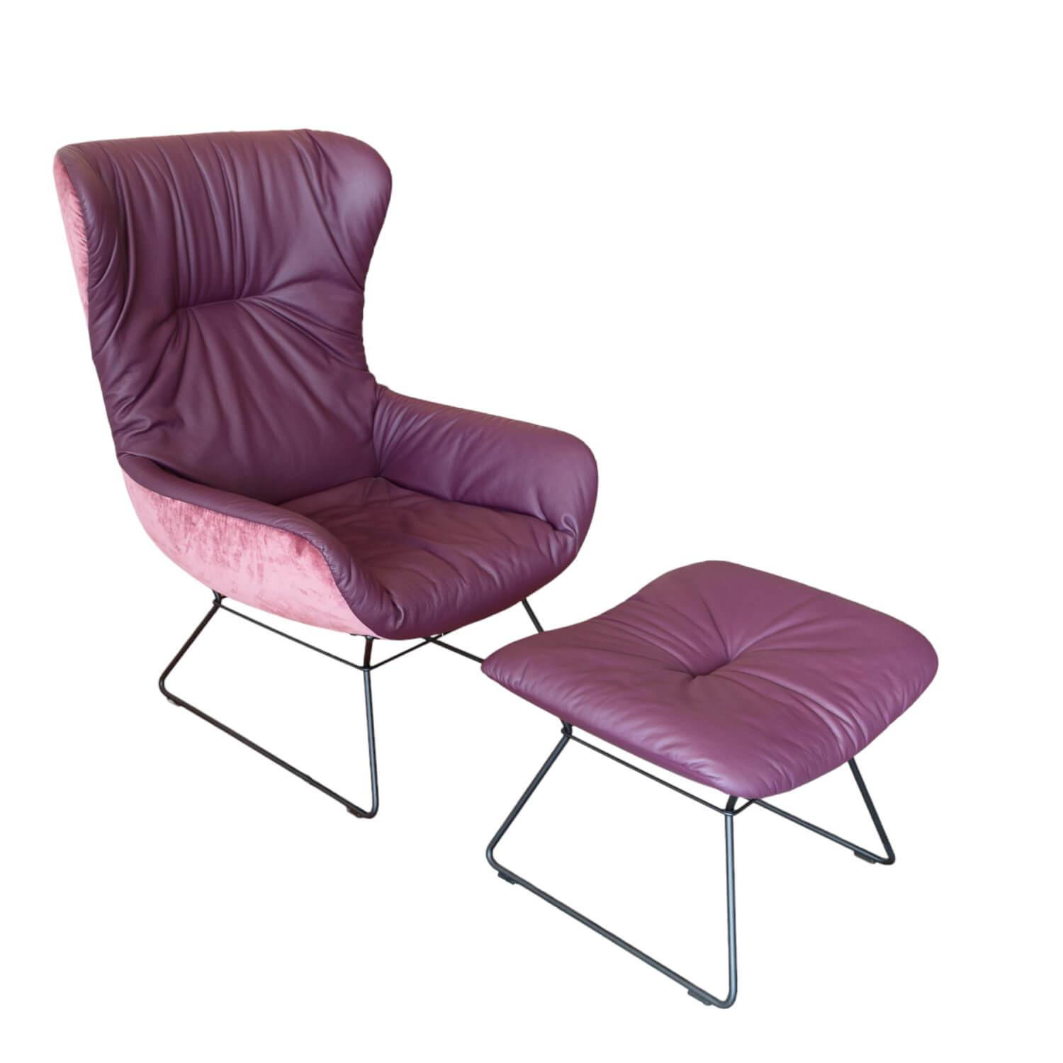Sessel Wingback Chair Leya Innen Leder Elmosoft 75010 Außen Stoff Avalon 75010 Violett Drahtgestell Schwarz Inklusive Hocker