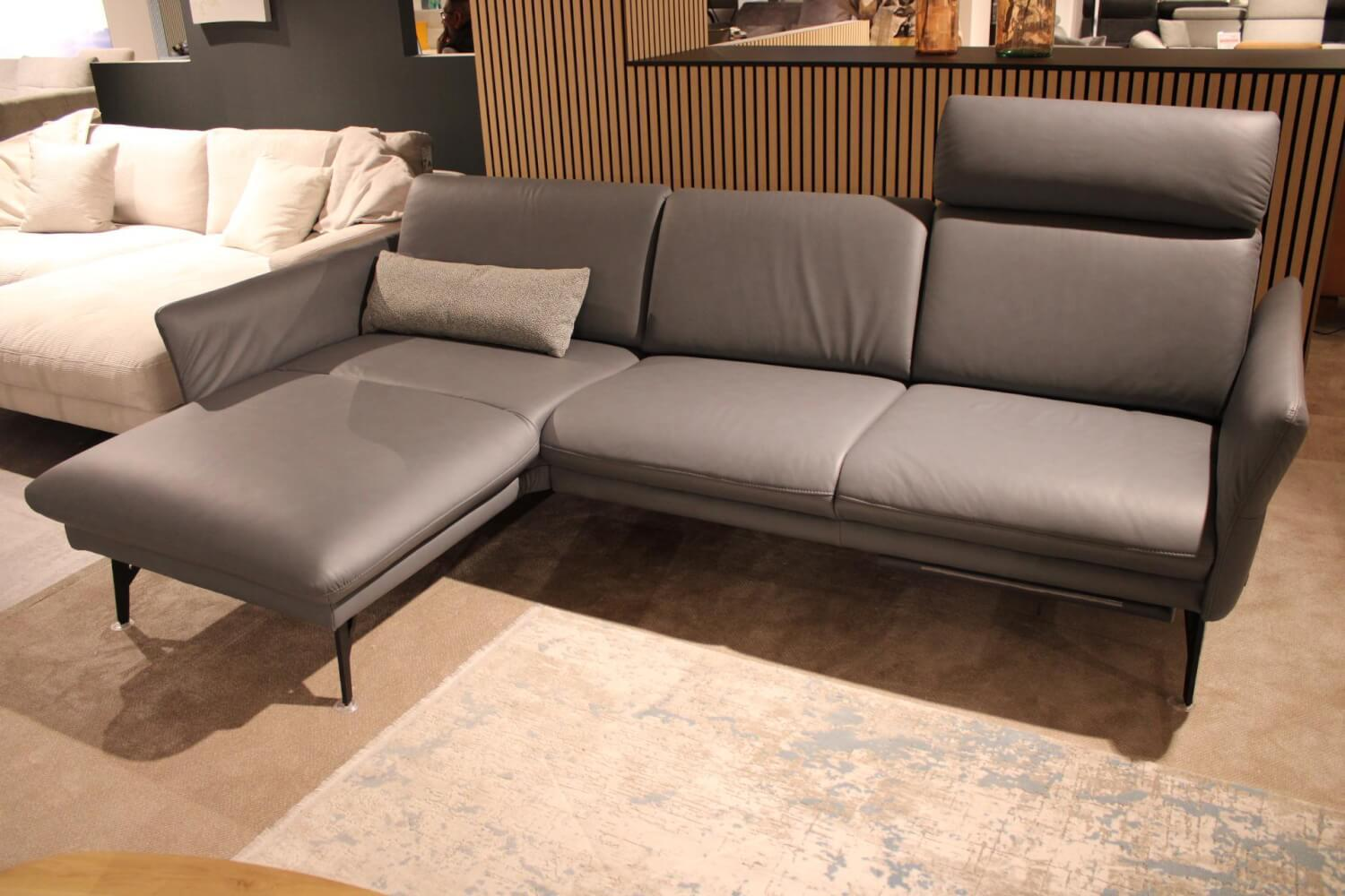 himolla - Ecksofa 1928 Leder 24 Longlife Aqua Grau mit Kopfstütze und 1 Nierenkissen - 3