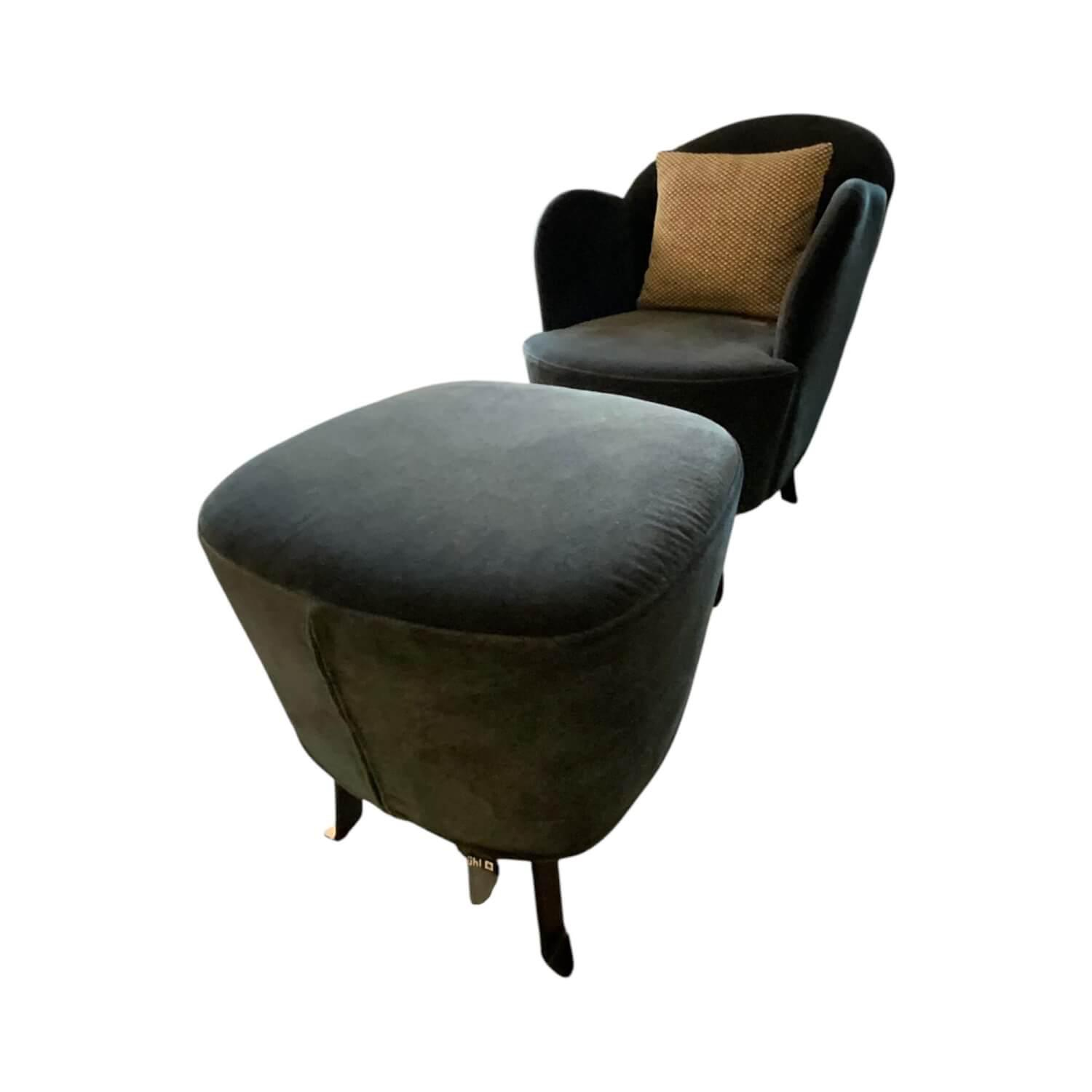 Brühl - Sessel Floret Stoff 4473 69 Dunkelblau Samt Gestell Flachstahl Schwarz Pulverbeschichtet Inklusive Hocker - 1