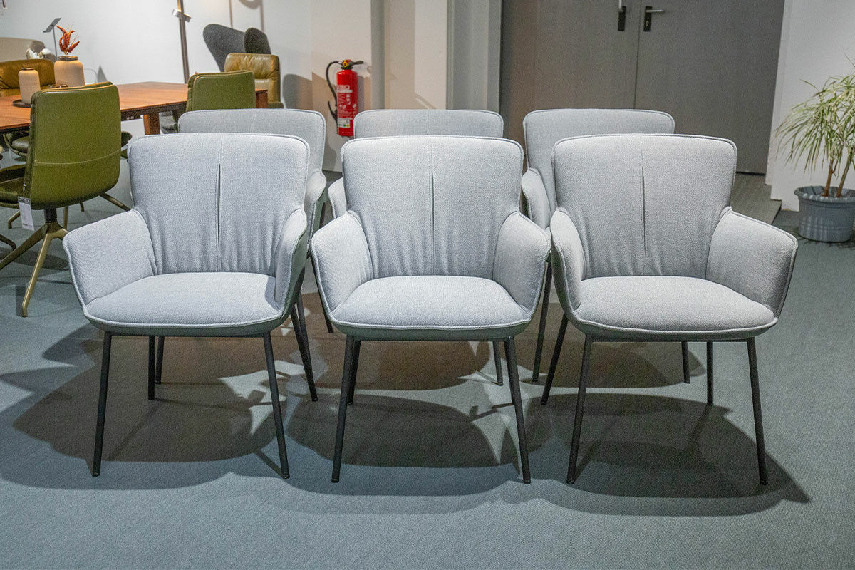 Rolf Benz - 6er-Stuhlset 655 Stoff Mittelfehgrau Außen Leder Grüngrau Gestell Schwarz - 6