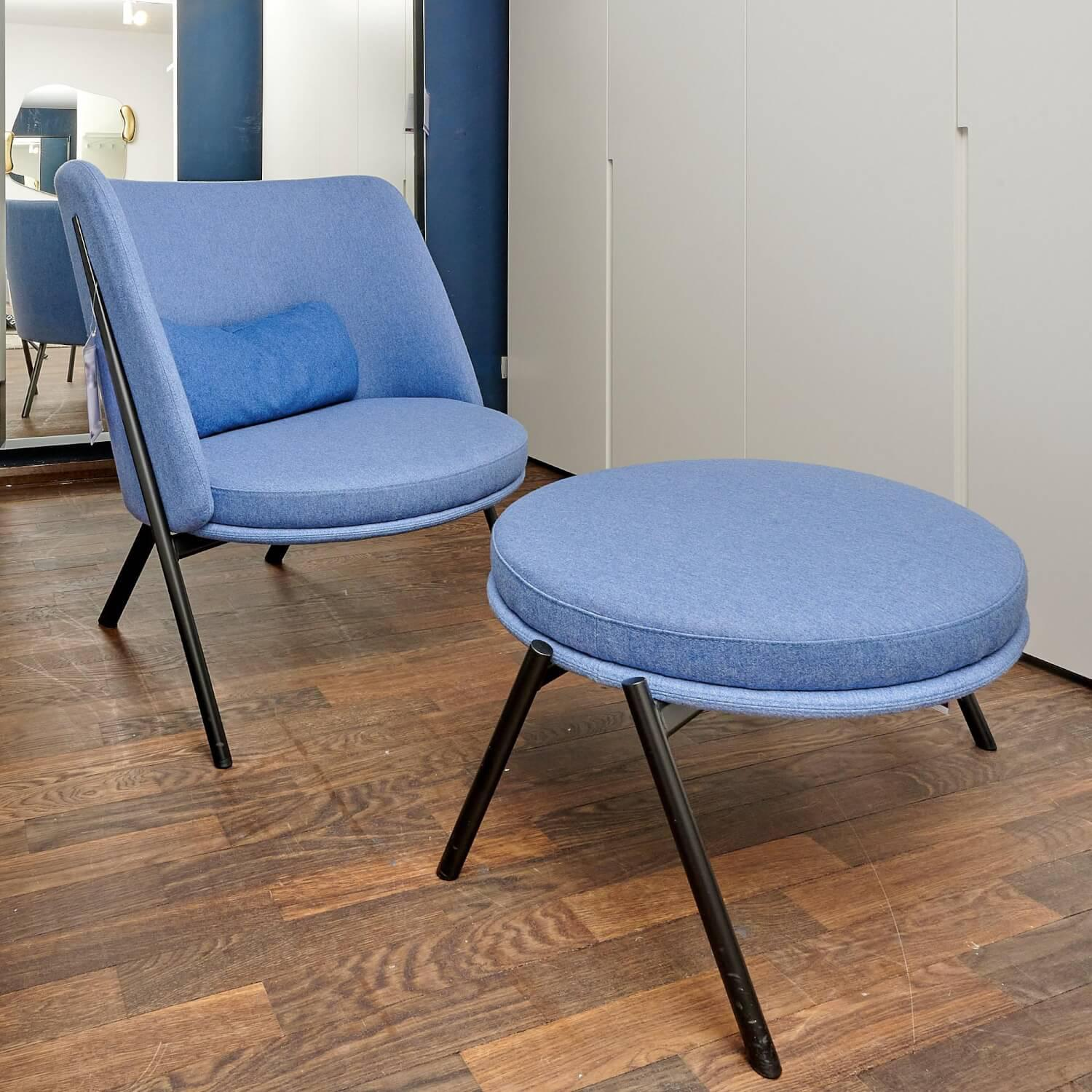 Tecta - Loungesessel DS70 Stoff Dama 75 Mittelblau Blau Gestell Schwarz Pulverbeschichtet Mit Kissen Und Hocker - 8