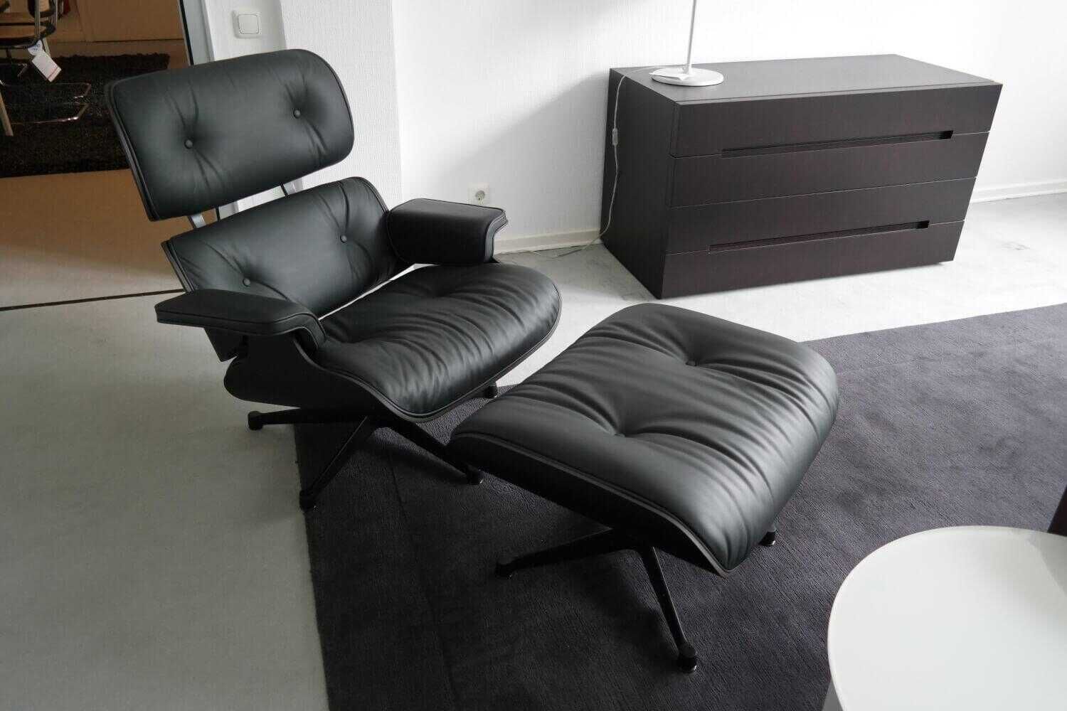 Sessel Lounge Chair Leder Premium Asphalt Grau mit Ottomane neue Maße
